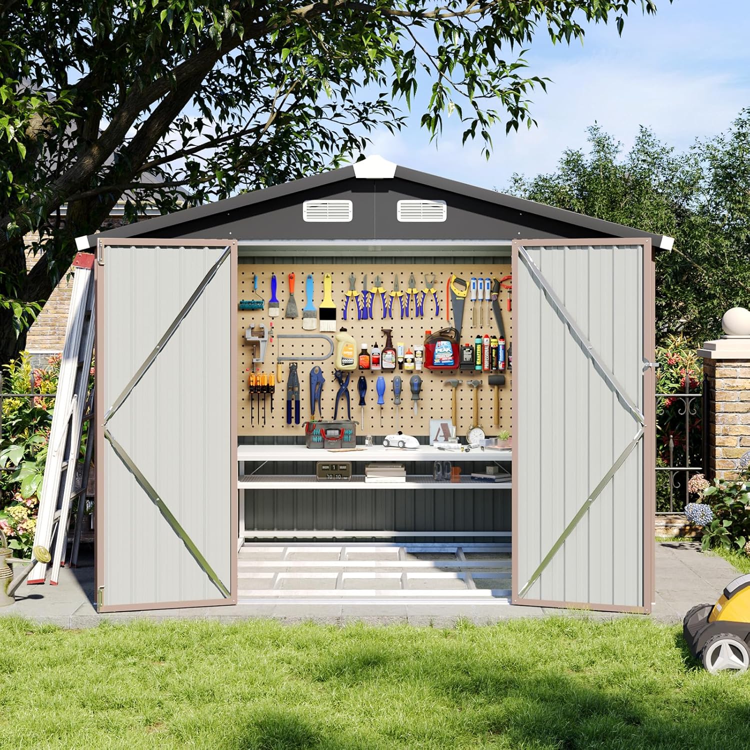 İç mekan view of the Aoxun shed showing organized tools on a pegboard, shelves, and a workbench.