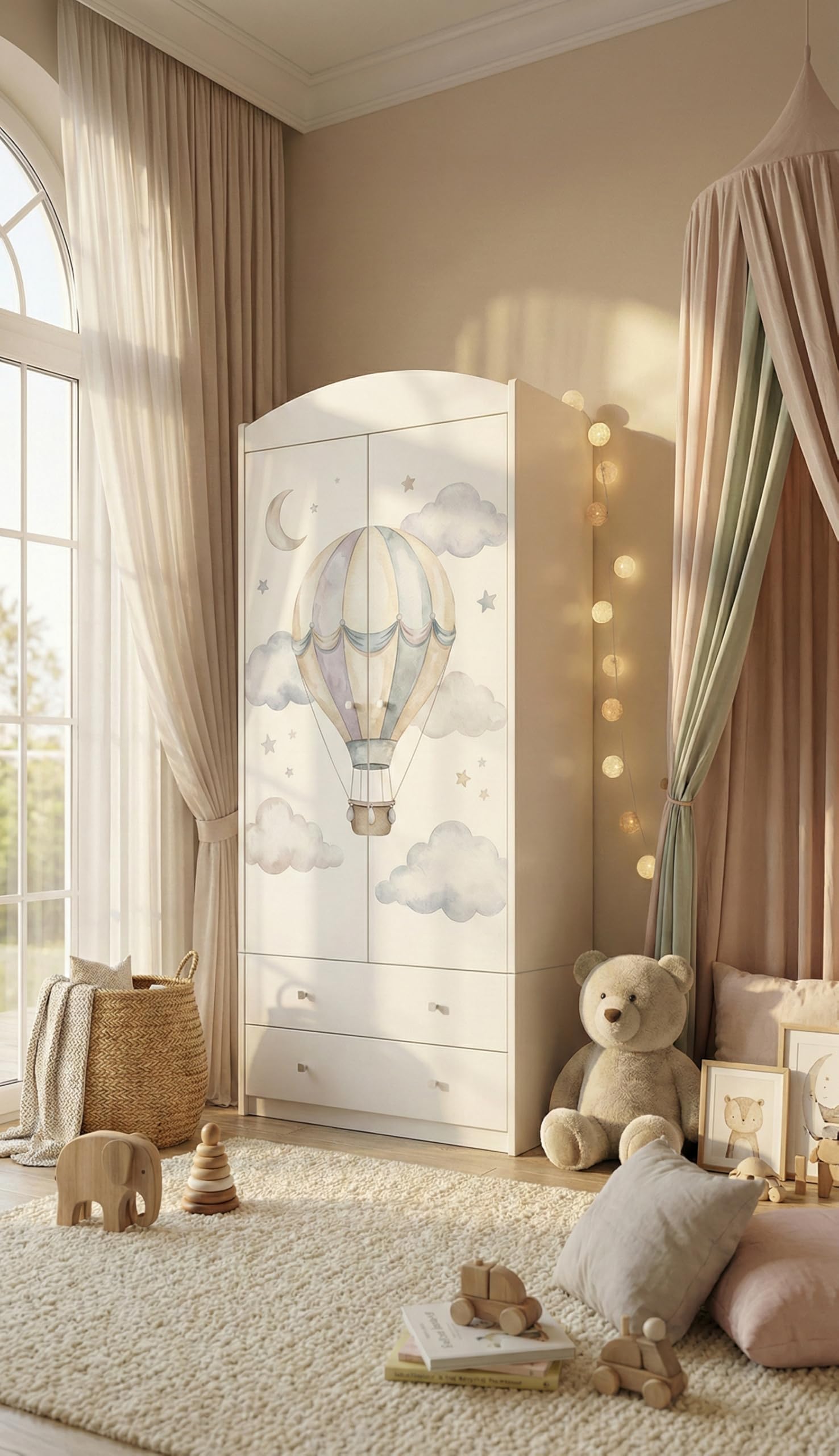 Happy Babies Kinderkleiderschrank mit bezauberndem Motiv – 2-türiger Schrank für Kinderzimmer inkl. 2 Schubladen, Kleiderstange & Einlegeböden, Weiß (88x187x54 cm) (nr 379)
