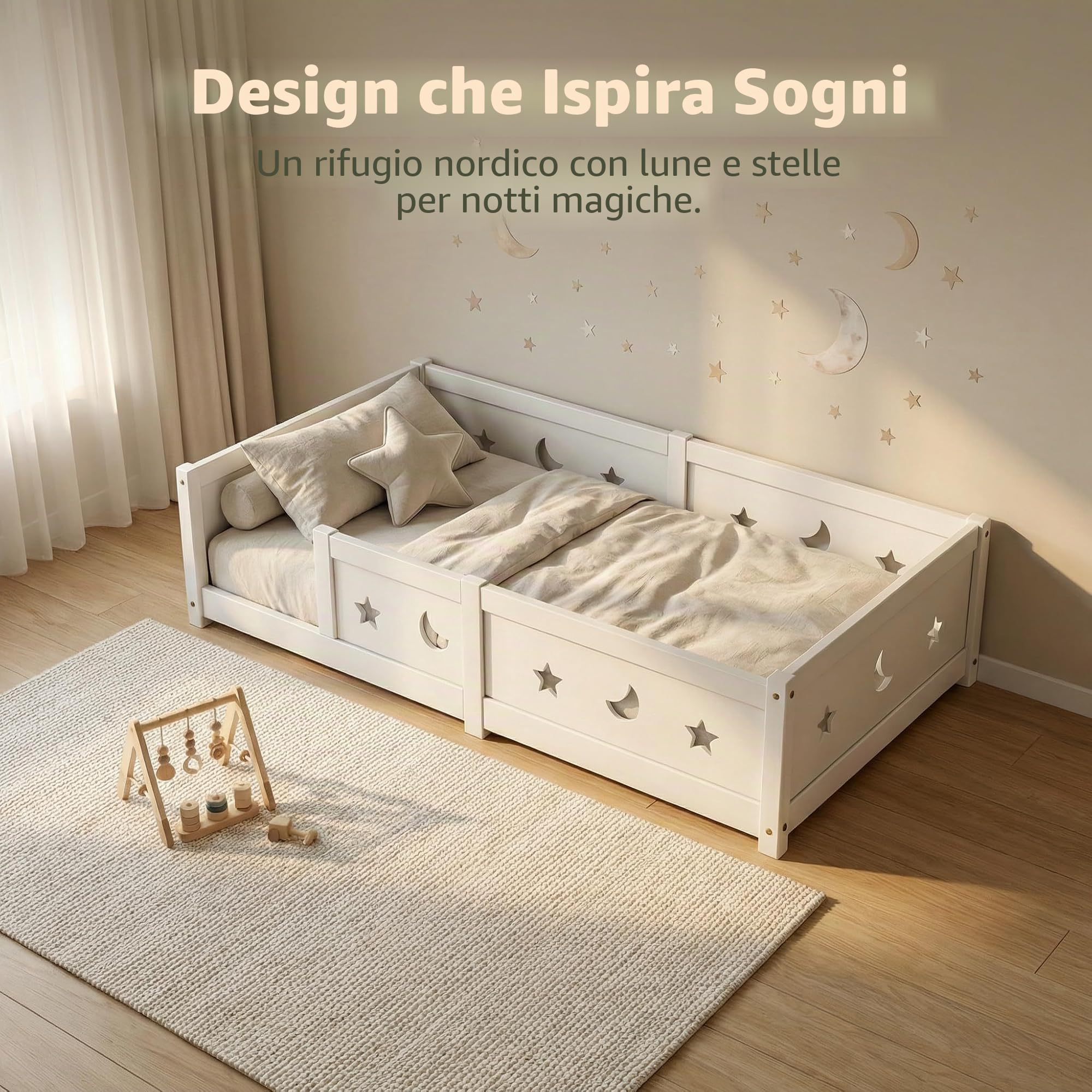 Montessori Letto a Pavimento 90 x 200 cm, Letto a Terra 90x200, Bianco, Letto a barriere per bambini con protezione contro le cadute e rete a doghe in legno per bambini