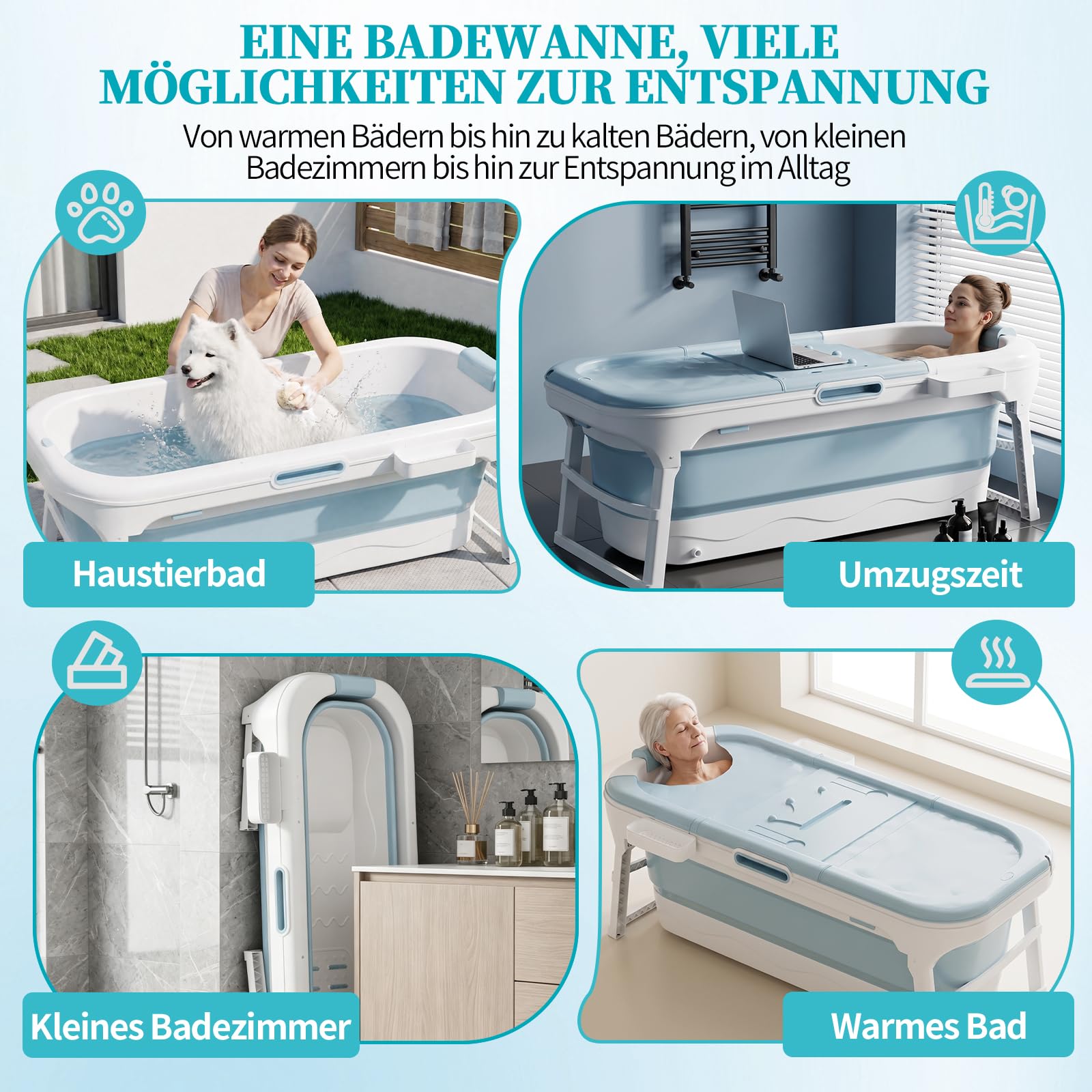 LZQ Vasca da bagno pieghevole per adulti – mobile con copertura rimovibile, rullo massaggiante, scaffale per magazzino, PP+TPE, pieghevole, per bagno SPA, 148 x 62 x 53 cm, blu