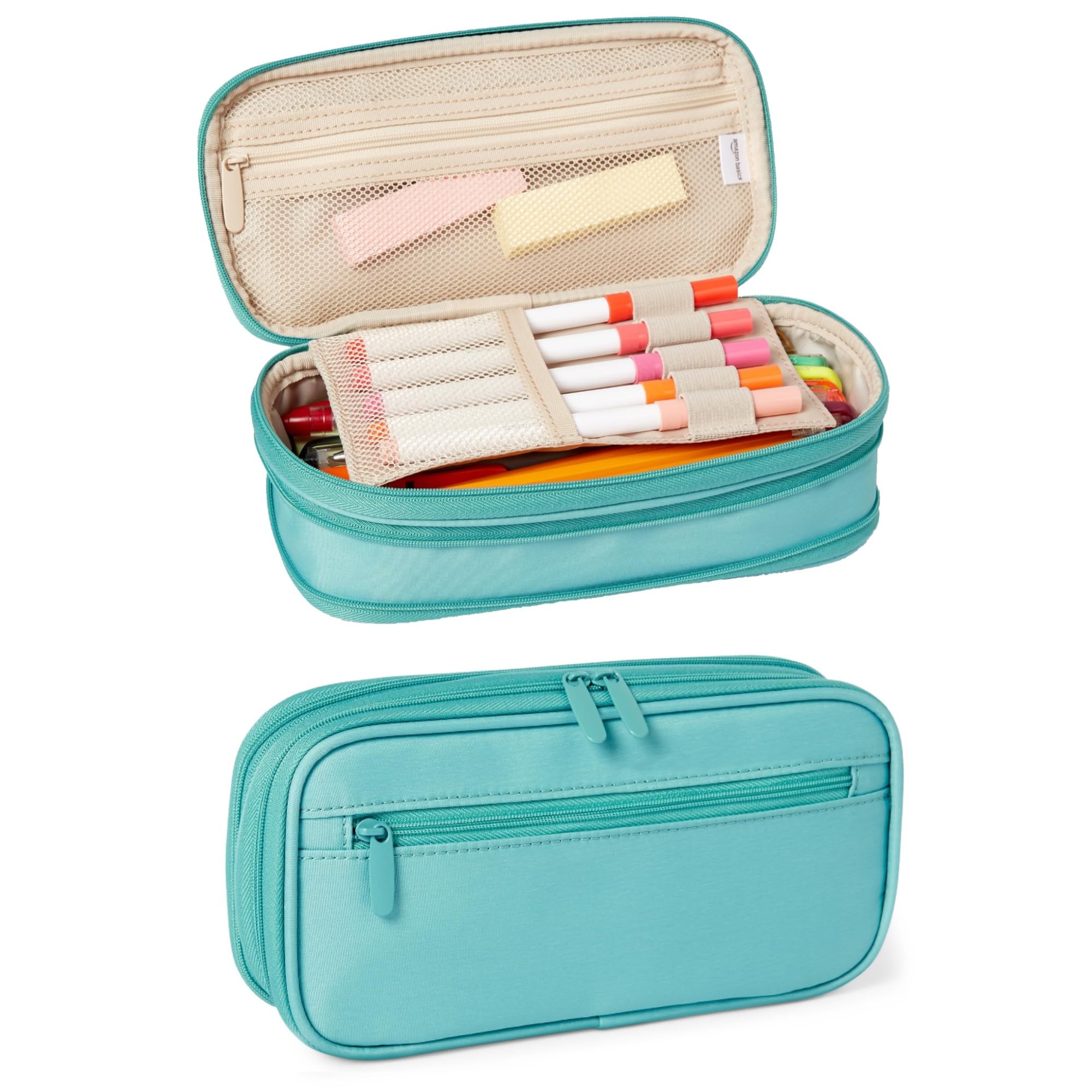 Amazon Basics Large Capacity Pencil Case with Durable Zipper, Multi-Compartment, Cyan Mild
