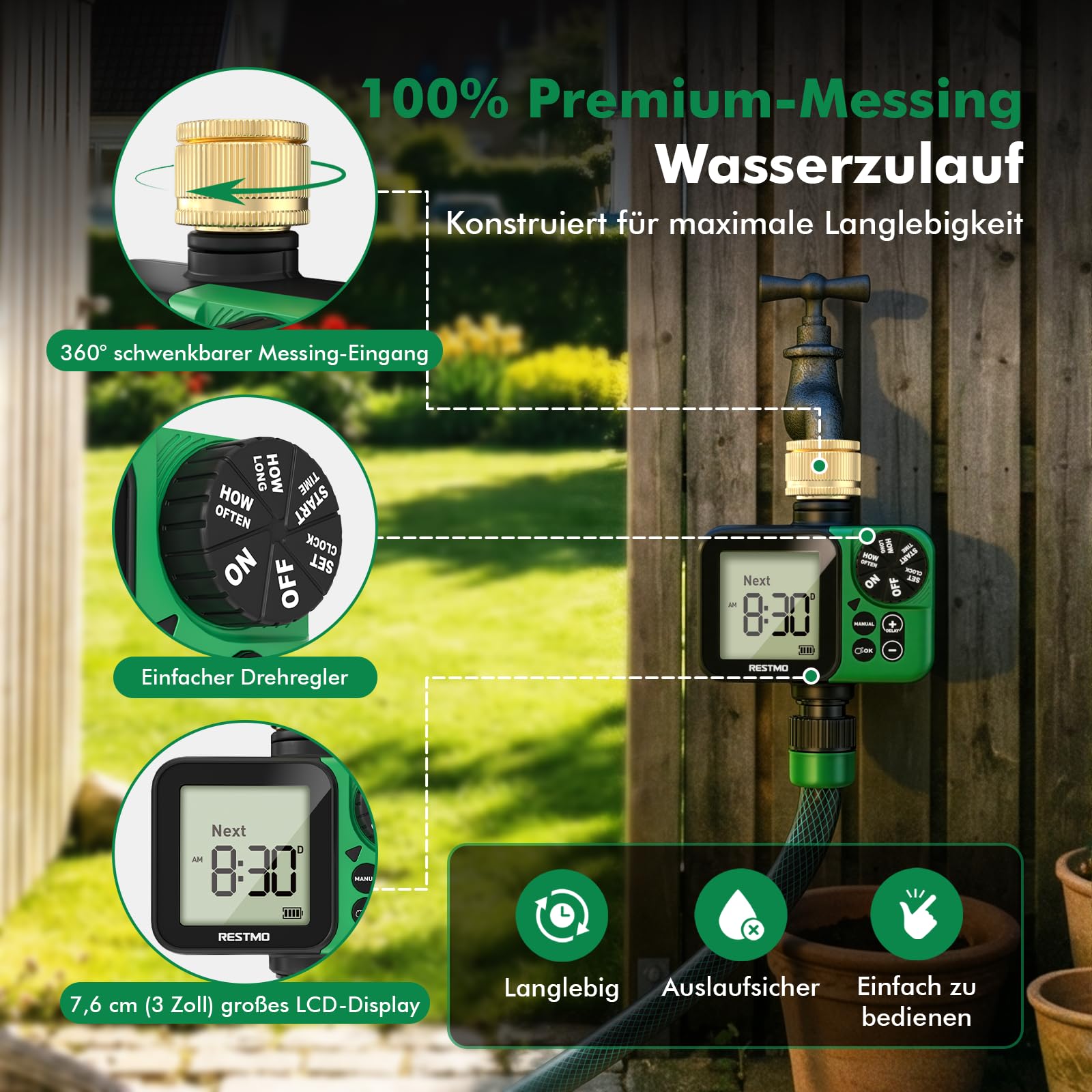 RESTMO 1-Zonen Bewässerungscomputer, Bewässerungsuhr für Garten | großes Display, automatisch/manuell/Regenverzögerung (12/24/48/72 h), für Gartenschlauch & Außenwasserhahn, Rasen & Beete