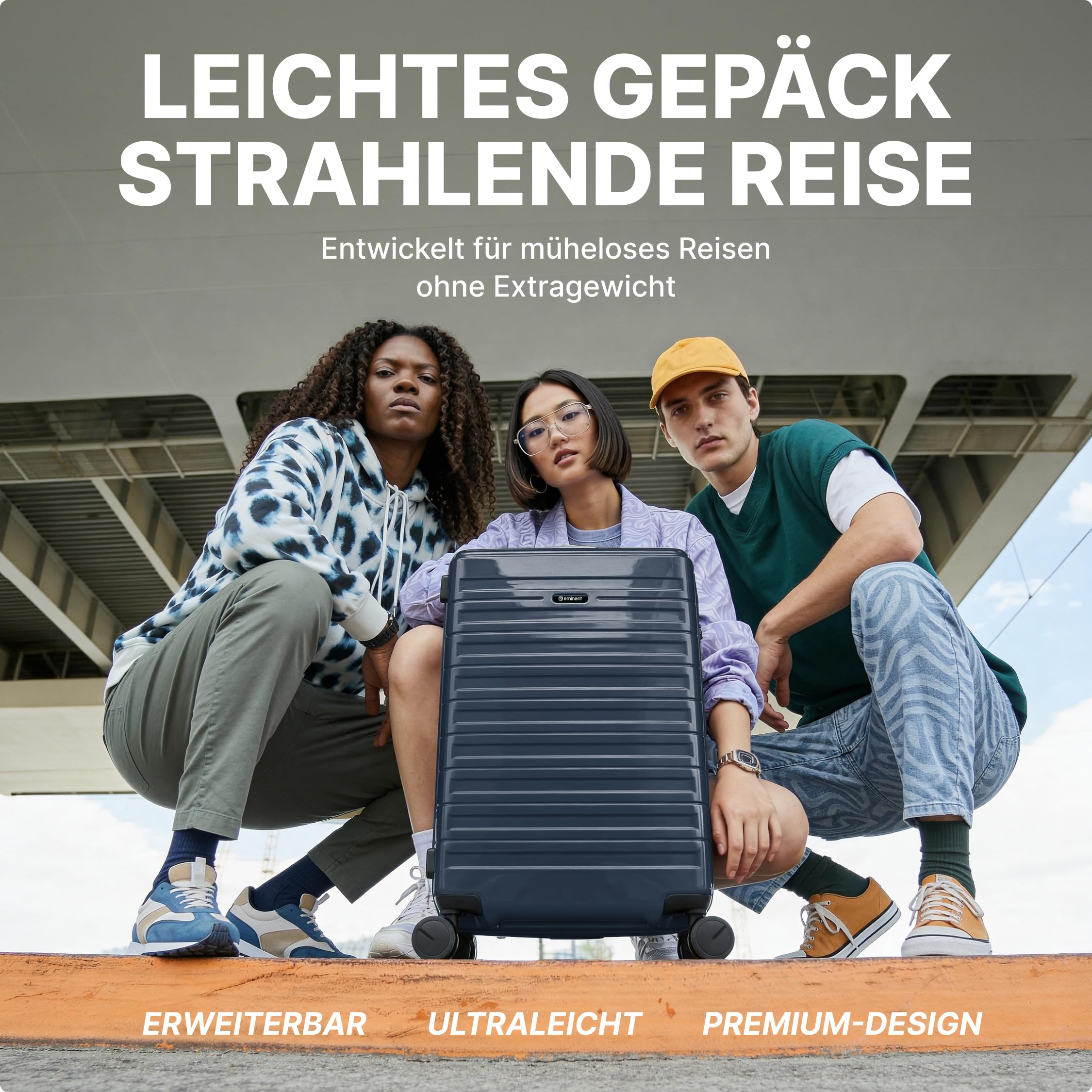 Eminent Voyager Handgepäck Koffer 55x40x20, Hartschalenkoffer leicht | 2,7 kg ultraleicht, 39L, erweiterbar 55x40x20 auf 55x40x23, TSA Schloss, 4 Rollen, Kabinentrolley, Makrolon, Dunkelgrau