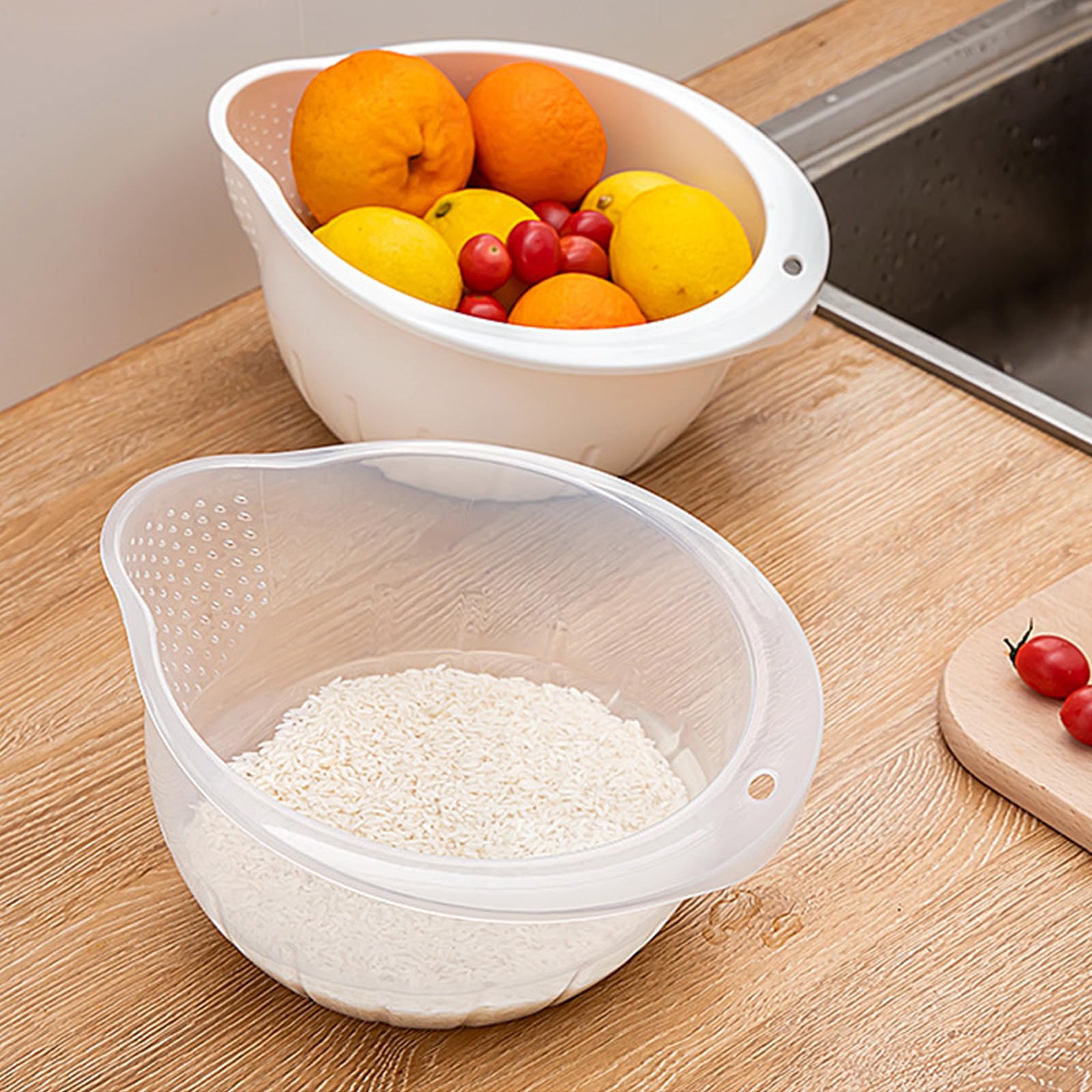 Cuenco para lavar arroz sin BPA, colador de plástico con escurridores laterales para lavar arroz, quinua, bayas y verduras