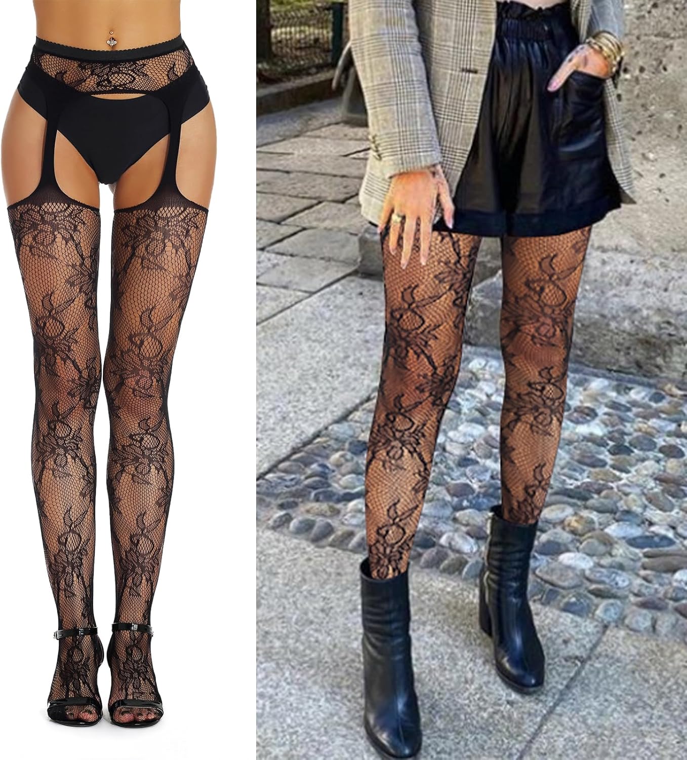 SOUTHRO 5 Pairs Fishnet Thigh High Garter Stockings Patterned Tights for Women,Garter Belt Set & Suspender Pantyhose for Girl - Image 5