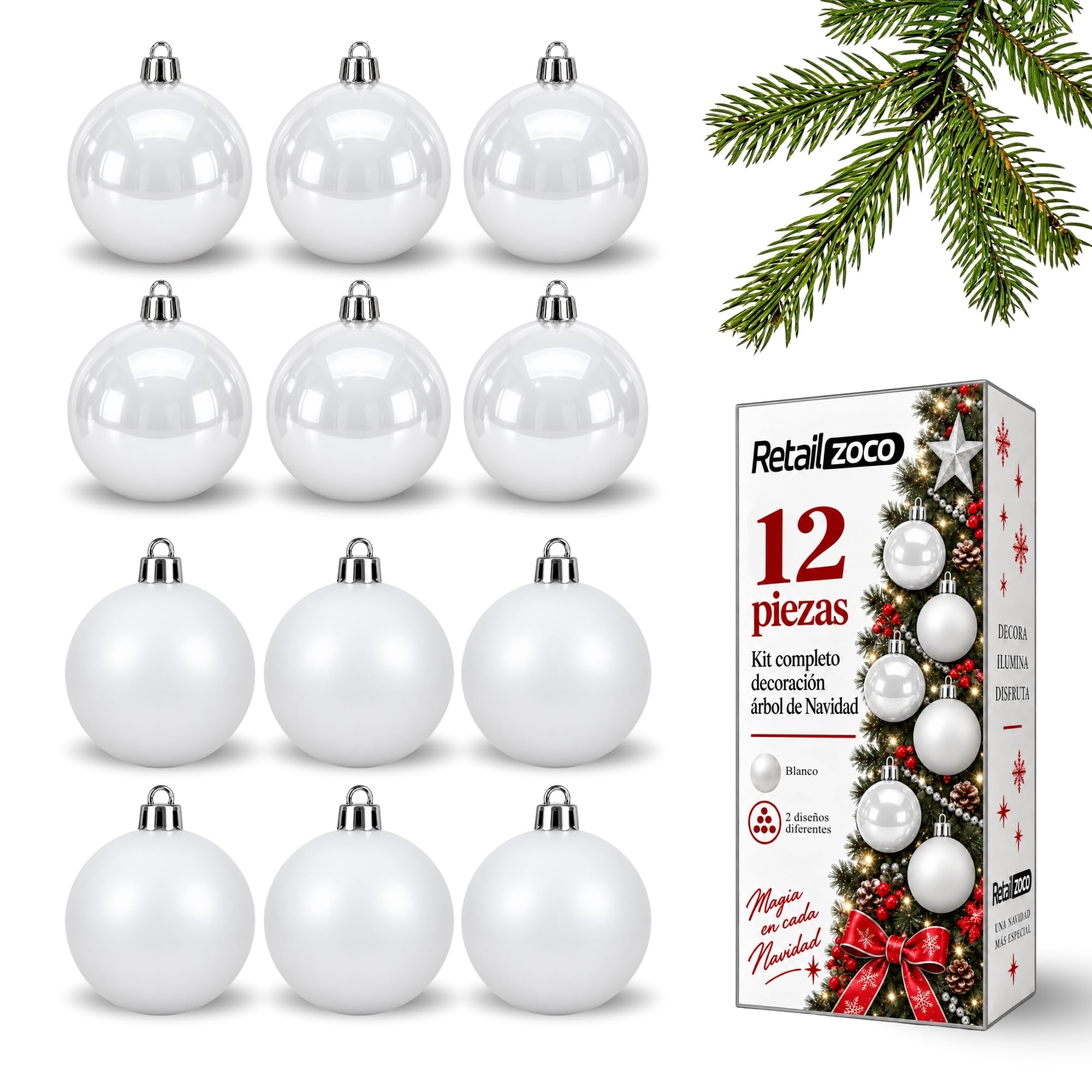 Bolas de Navidad, Adornos Arbol Navidad, 12 Piezas, Blanco - imagen 1