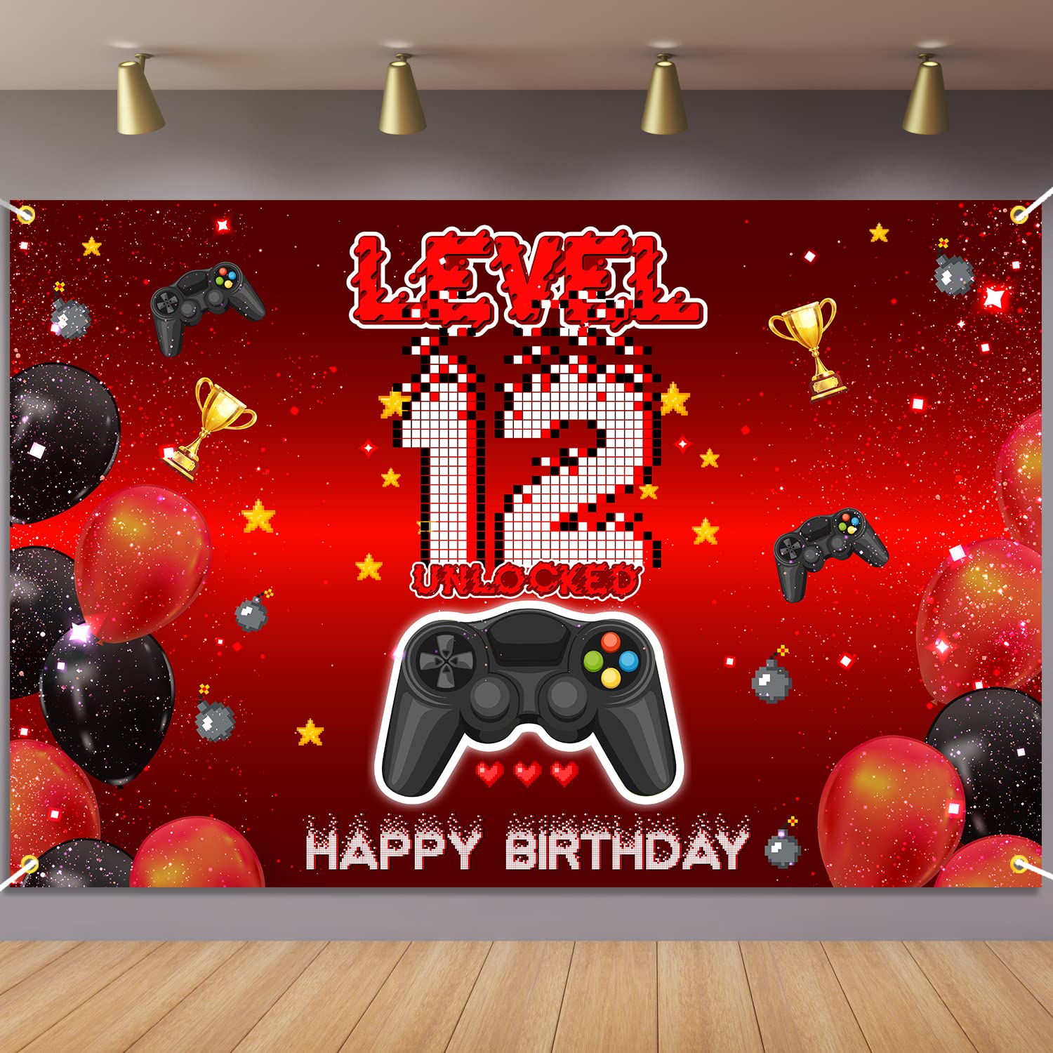 Level 12 Unlocked Backdrop Banner Decorations Video Game On Happy 12th Birthday for Boys Kids Red and Black 12 Years Old Level Up Theme Bday