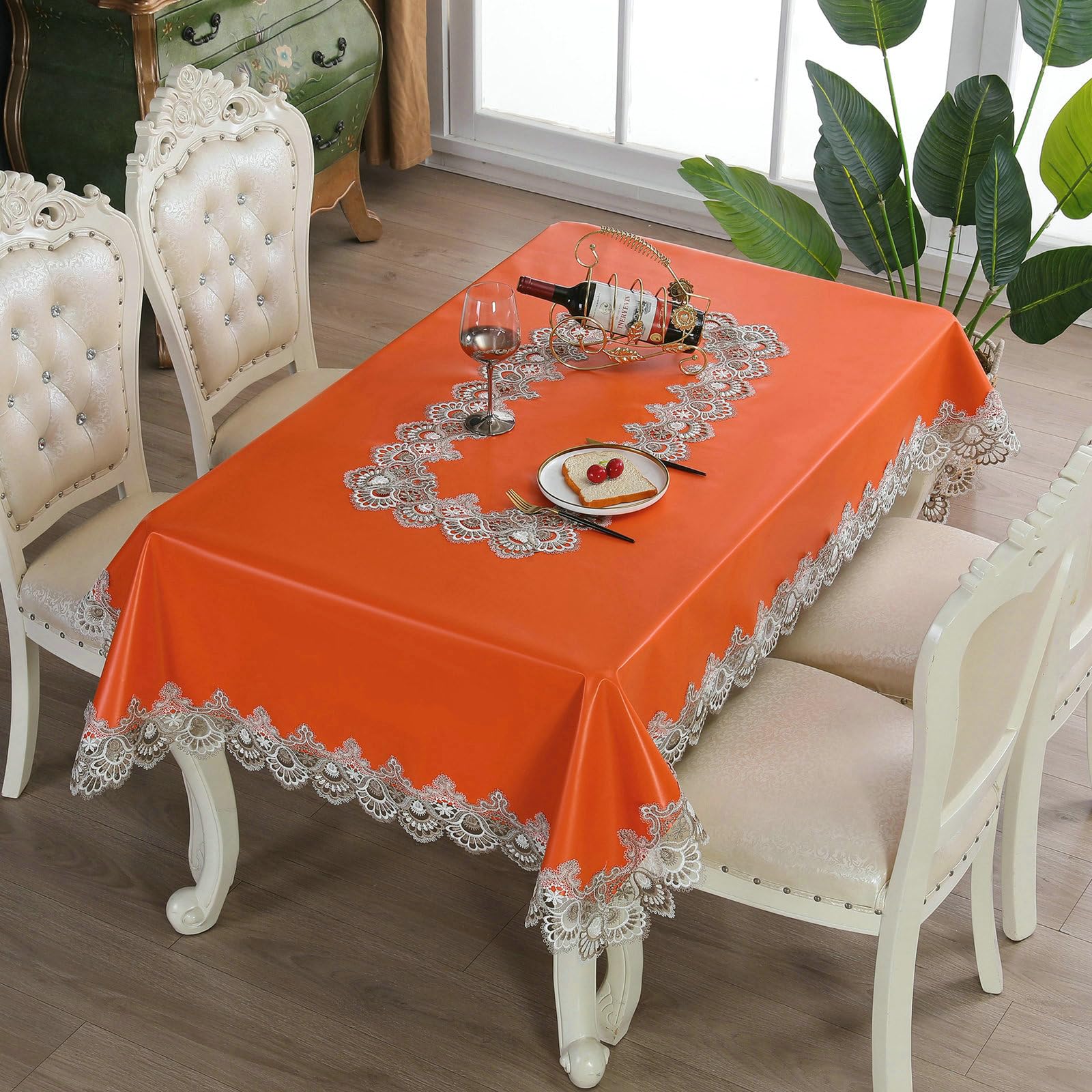 Tischdecke Abwaschbar 150x270 cm, Spitze Stickerei Polyester Leder