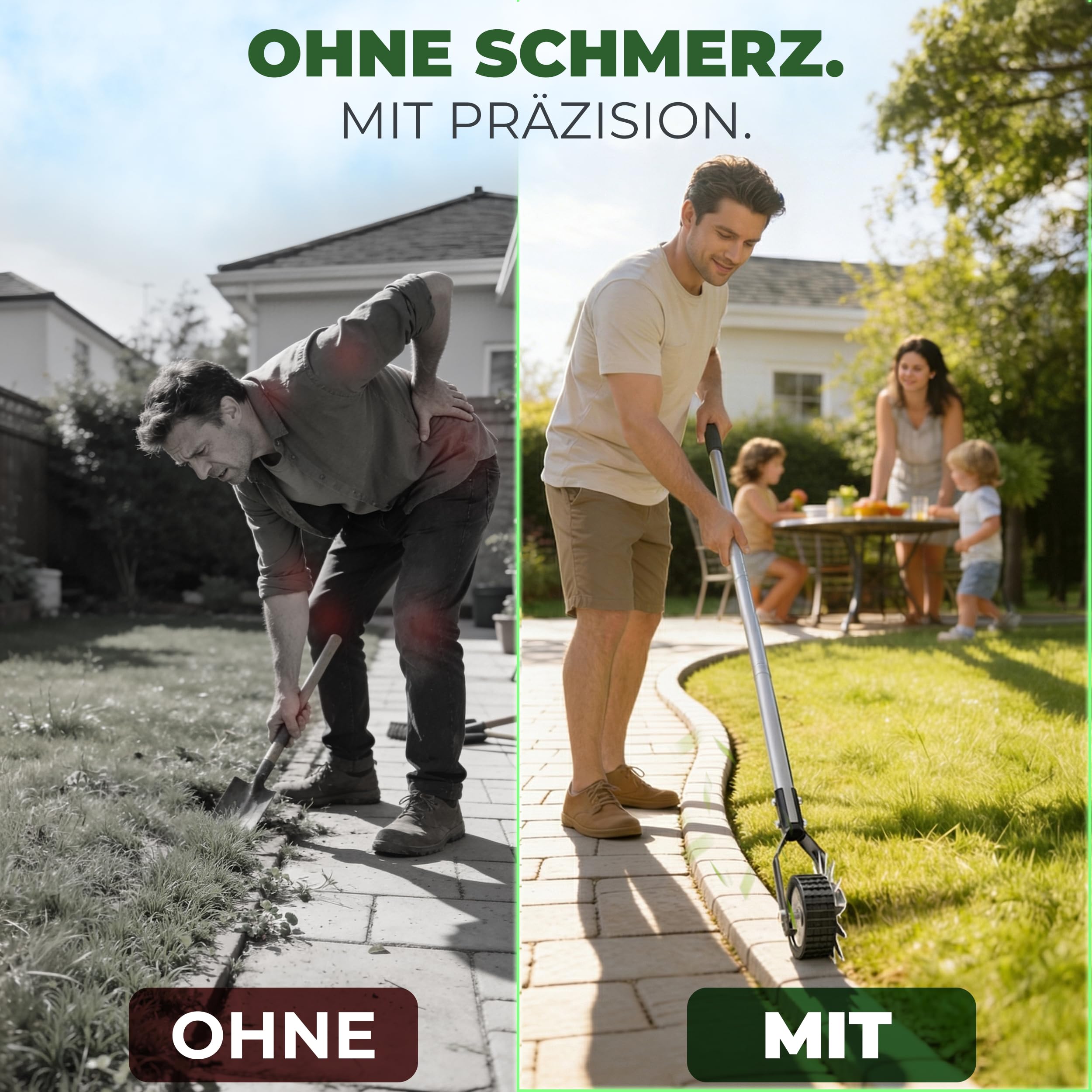Rasenkantenschneider – Verstellbarer Edelstahl-Handgriff, Ergonomisch, gut ausbalancierte Rollen, Inklusive Schleifmesser