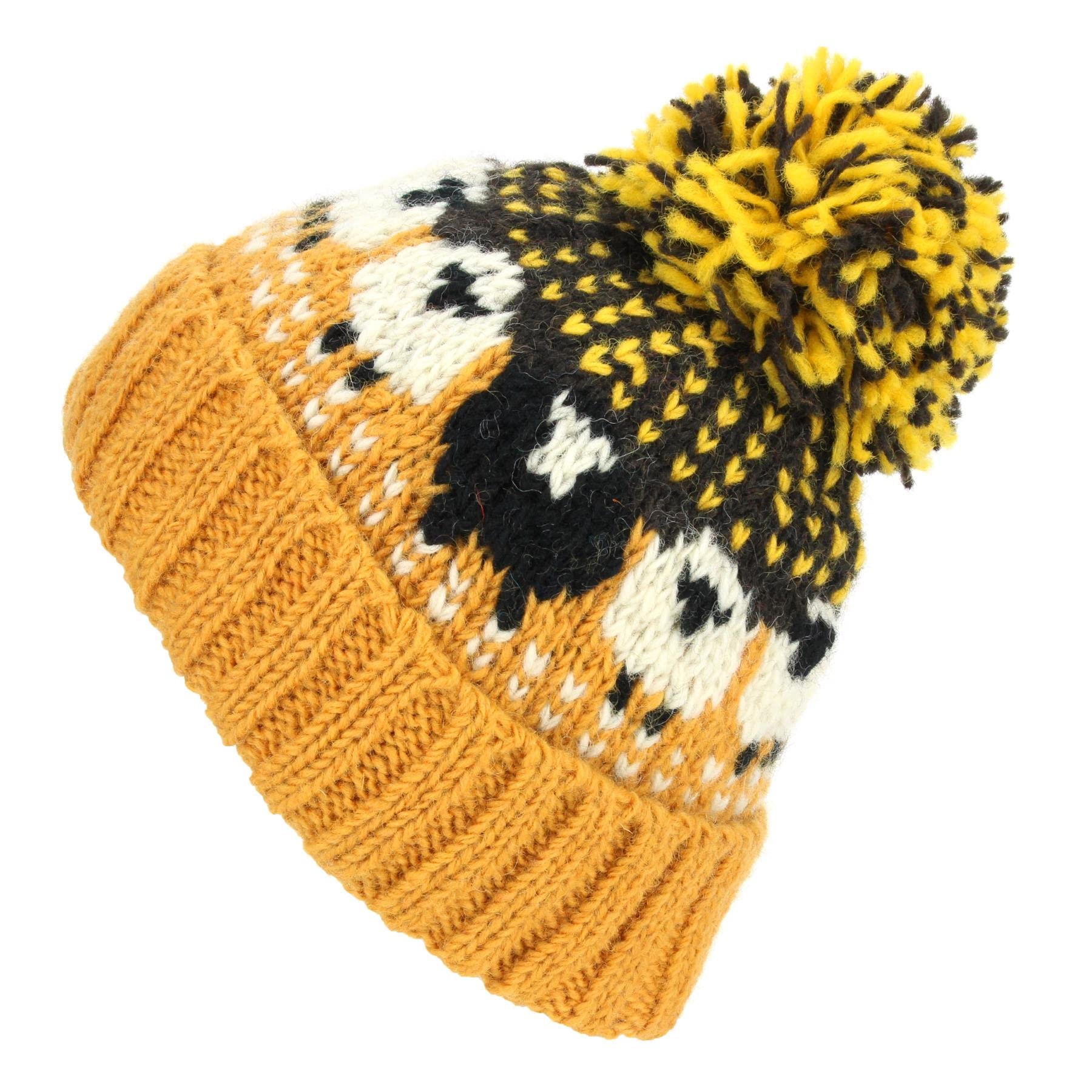 Loudelephant Mustard Brown Wool Knit Bobble Beanie Hat - Sheep