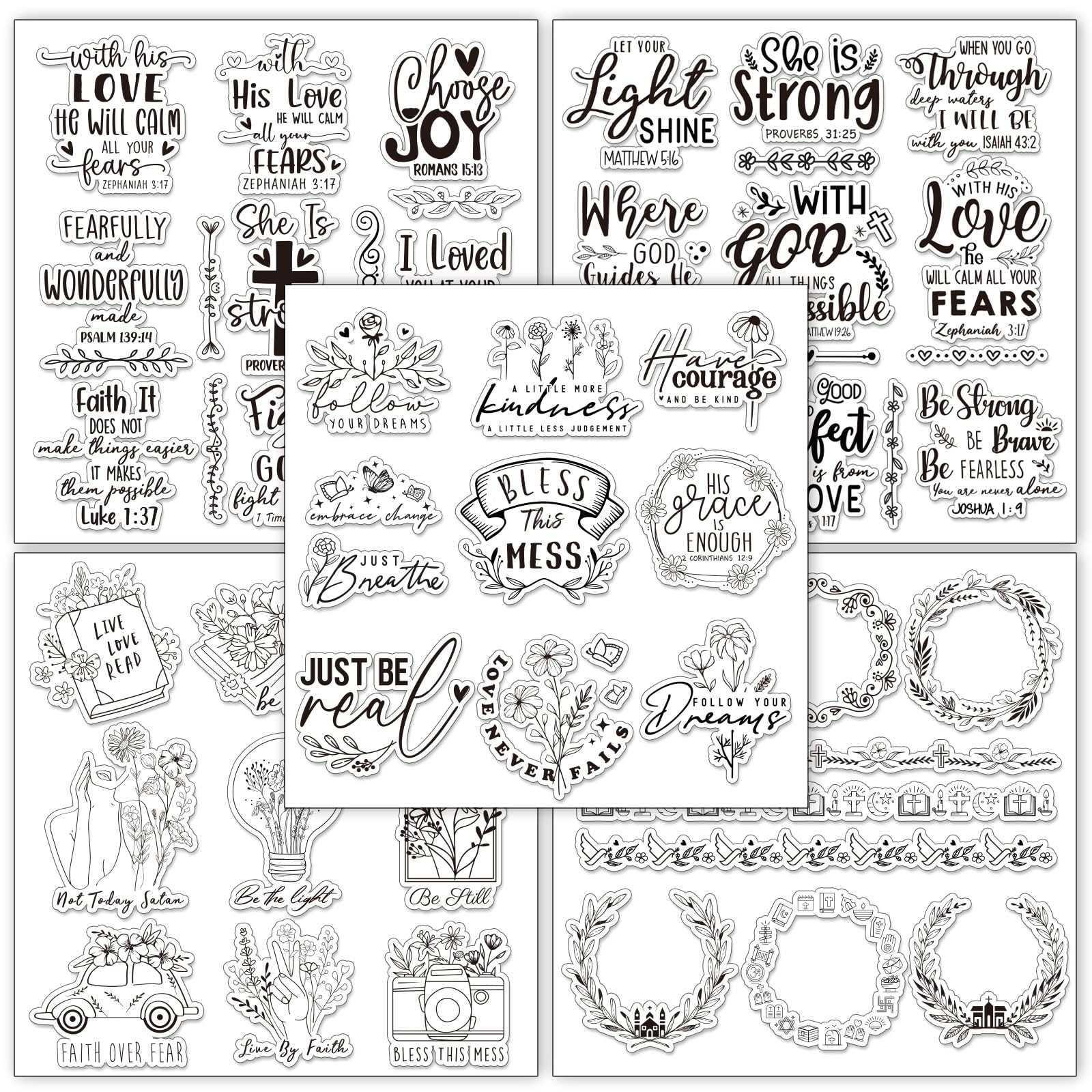 Whaline 5 Sheets Bible Verse Clear Stamps Christian Jesus Silicone Transparent Stamps Greeting Words Border Stamp Cards for DIY Card Making