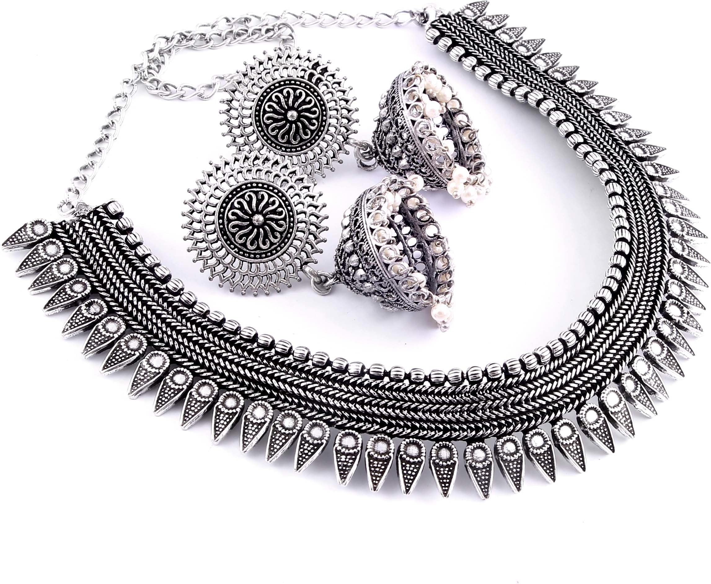 HANIYA Jewellery Set for Women and Girls Traditional Silver Oxidised Jewellery Set Silver Choker Set