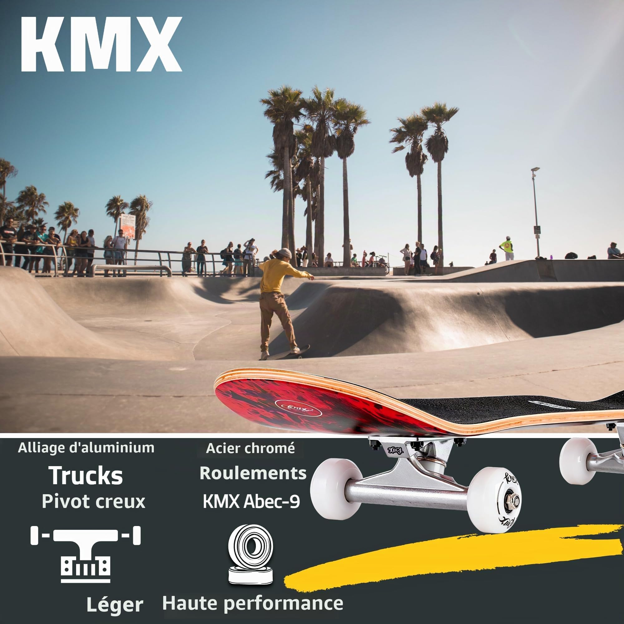 KMX Skateboard Complet Débutant à Graphismes Cool + Outil de Skate | pour Garçons,Filles,Enfants,Étudiants et Adultes.Plateau en Érable 7 plis,Double Kick,Trucks Aluminium,Roues PU