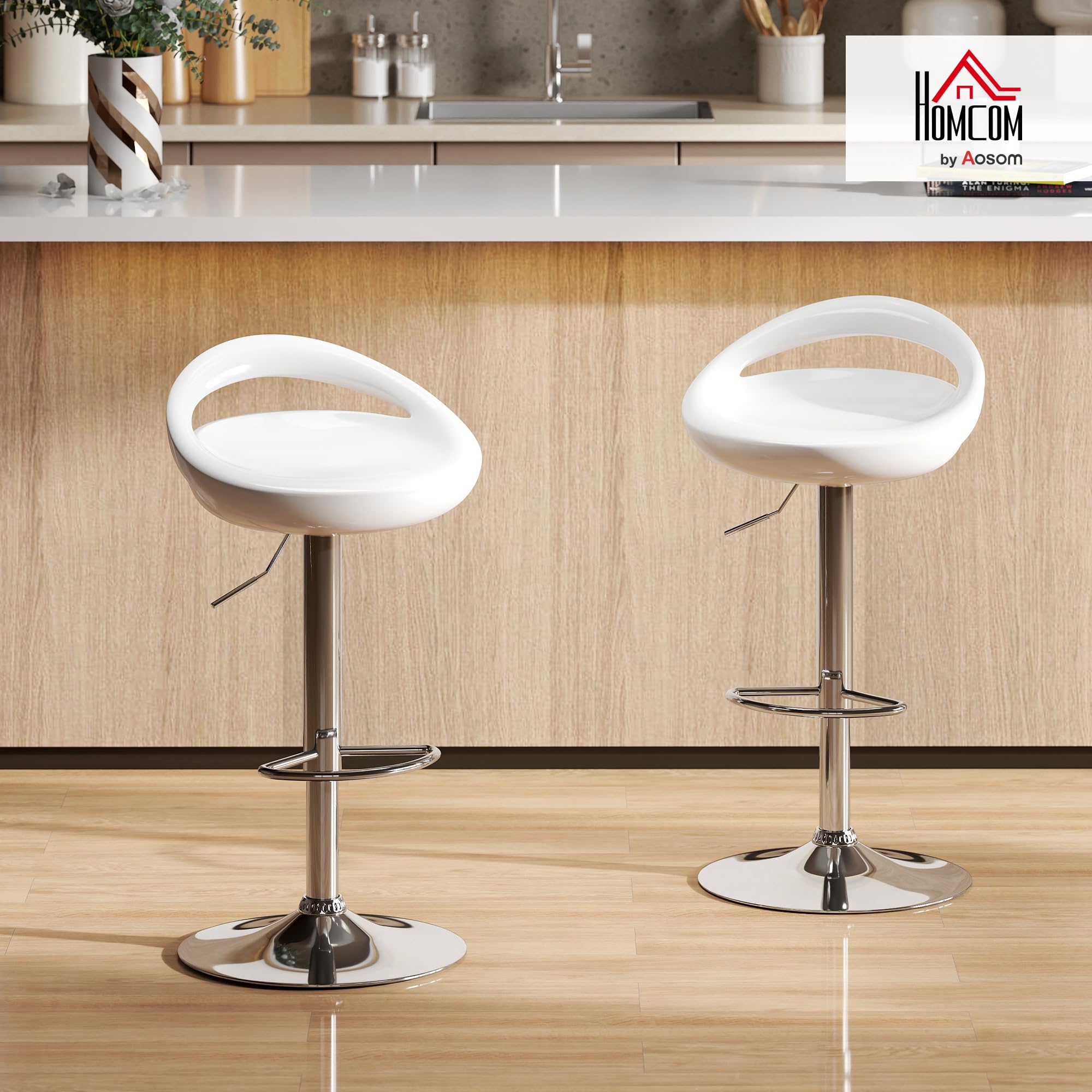 HOMCOM Set 2 Sgabelli da Bar Alti, Sgabelli Girevoli a 360°, con Schienale e Poggiapiedi, Altezza Regolabile, Base in Acciaio, per Sala da Pranzo e Cucina, 46x41x76-96cm, Bianco