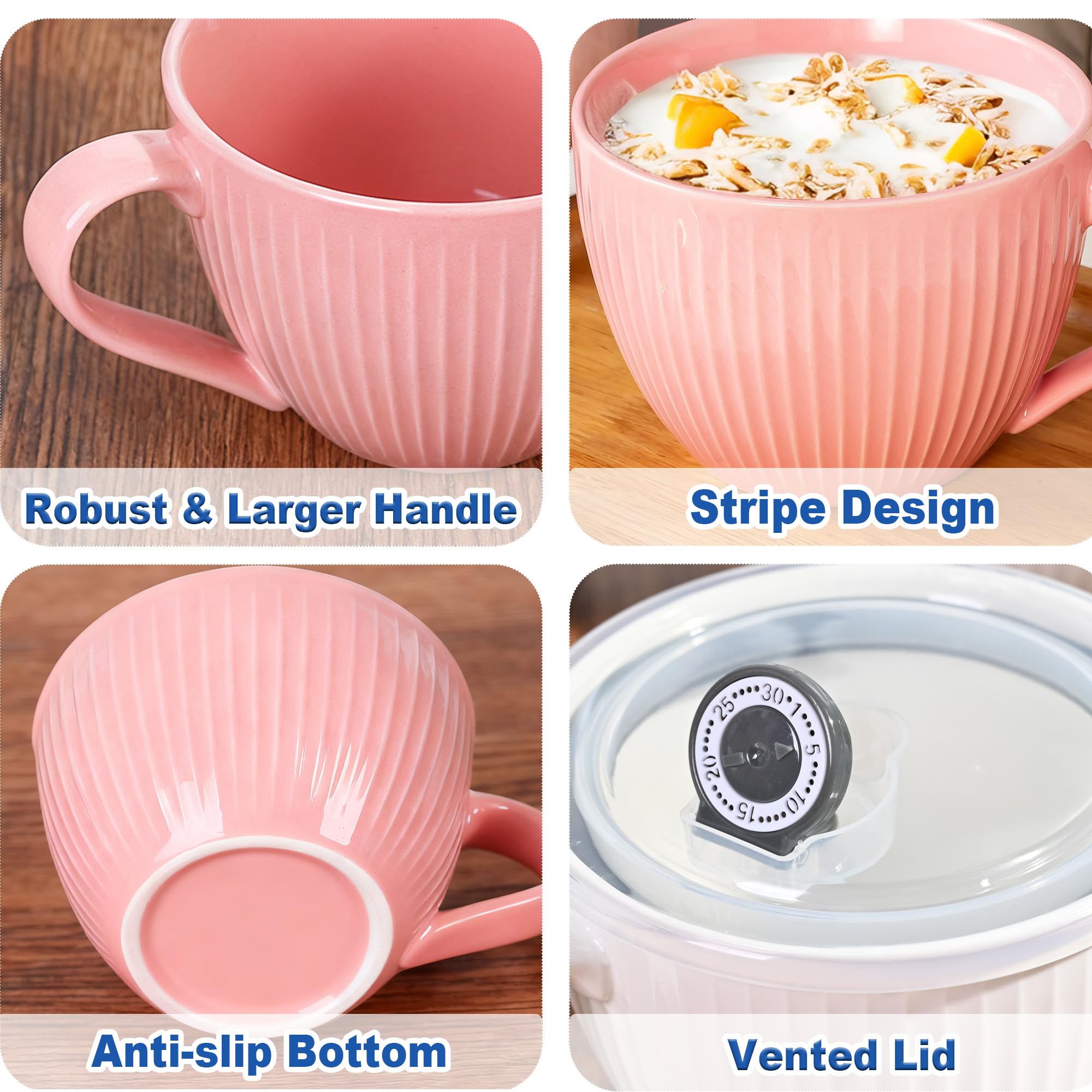 Tazones de cerámica con asas, tazas de café grandes de 24 onzas, tazas de sopa jumbo con tapas para cereales de desayuno, avena, café, té, microondas y lavavajillas, regalo de boda de inauguración de