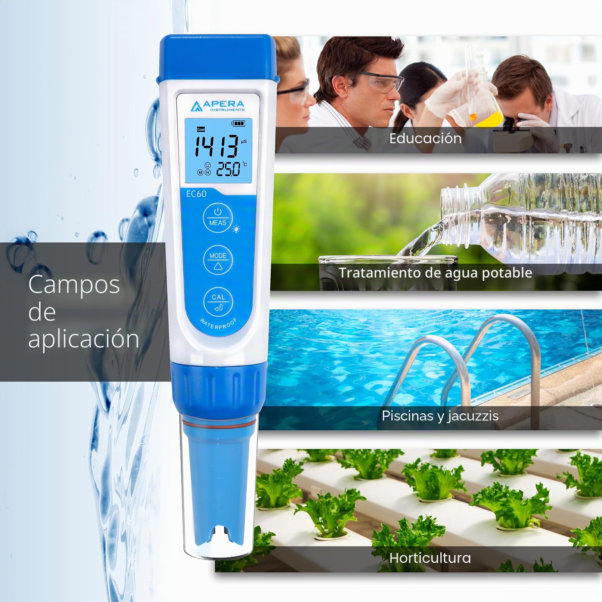 Medidor de conductividad Apera Instruments EC60 Premium (precisión de ± 1%, medición de EC/TDS/salinidad, electrodo BPB reemplazable, impermeable, medidor de temperatura)
