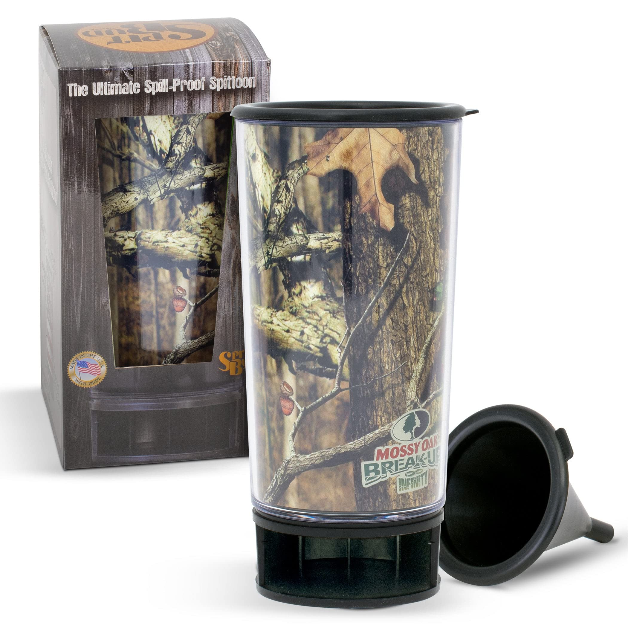 Spit Bud Mossy Oak Break-Up Infinity Ultimate Spittoon Chew - Portable Dip & Snuff Cup with Lid, Pop Tab, Spill-Proof Funnel, Can Cutter & Holder - Fit in Cup Holders - Holds 8oz - Made in USA
