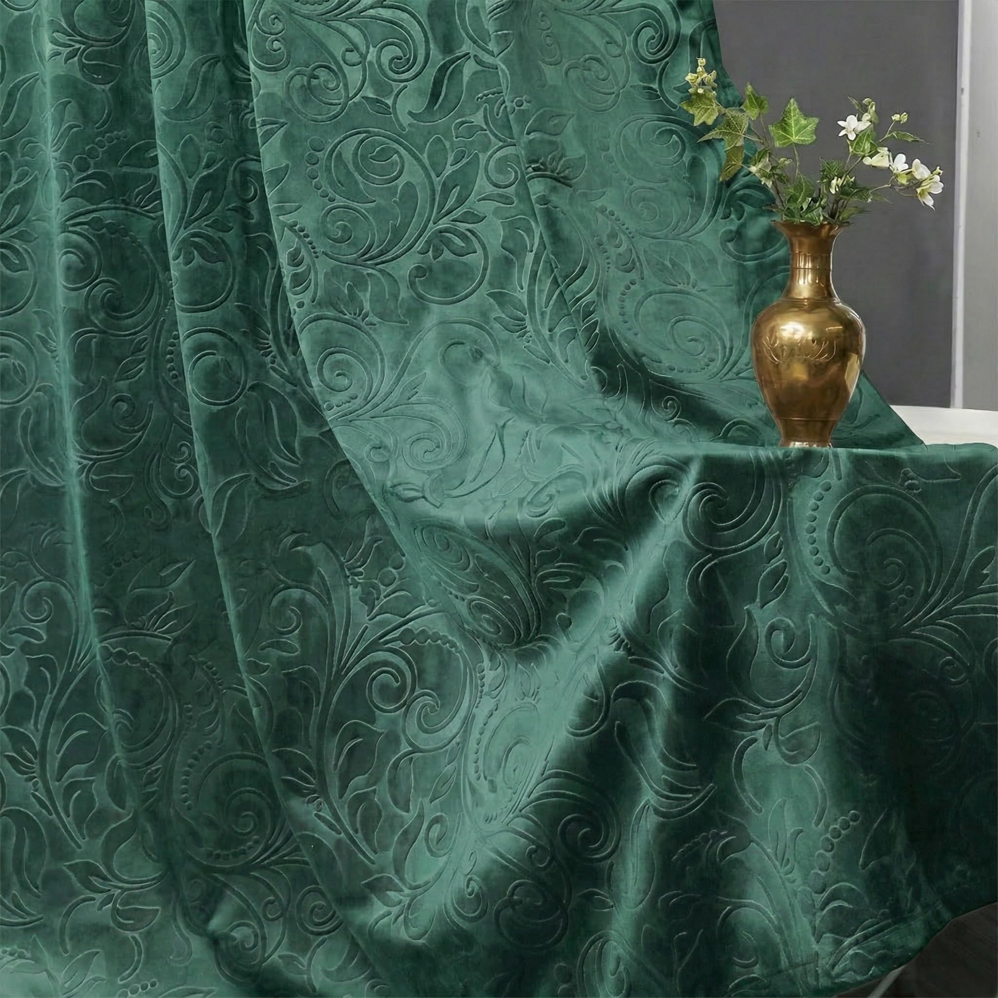 Samtvorhang Kräuselband Blumen Muster 2er Set, H260xB132CM, Luxus Verdunkelung Samt Multifunktionsband Thermovorhang Kälteschutz für Wohnzimmer & Schlafzimmer, 260gsm Velvet Gardinen(Tuscany Green)