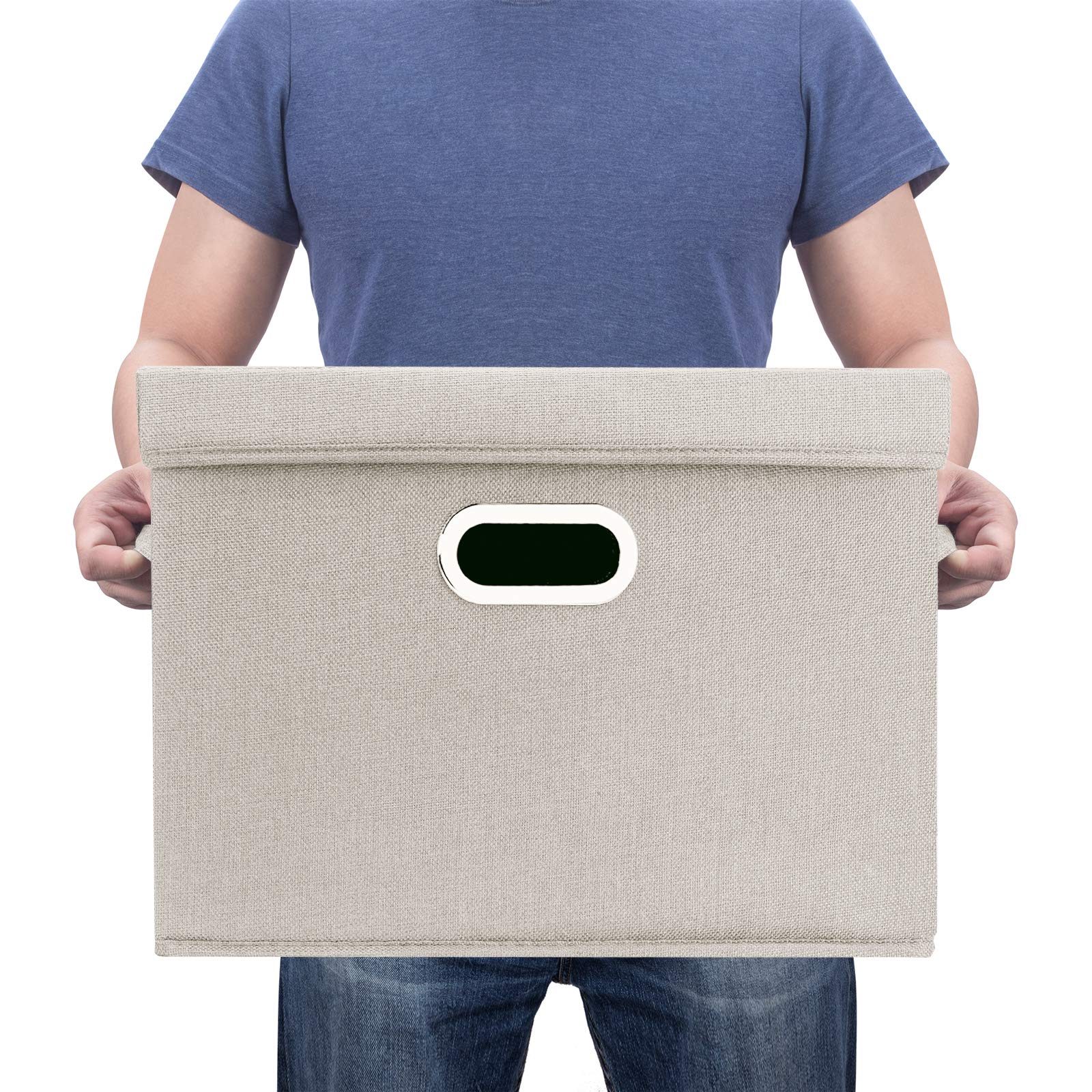 TYEERS Grandes Cajas de Almacenaje con Tapa, Tela, Lavable, Cajas Organizadoras, 44x30x29 cm, Juego de 5, Beige