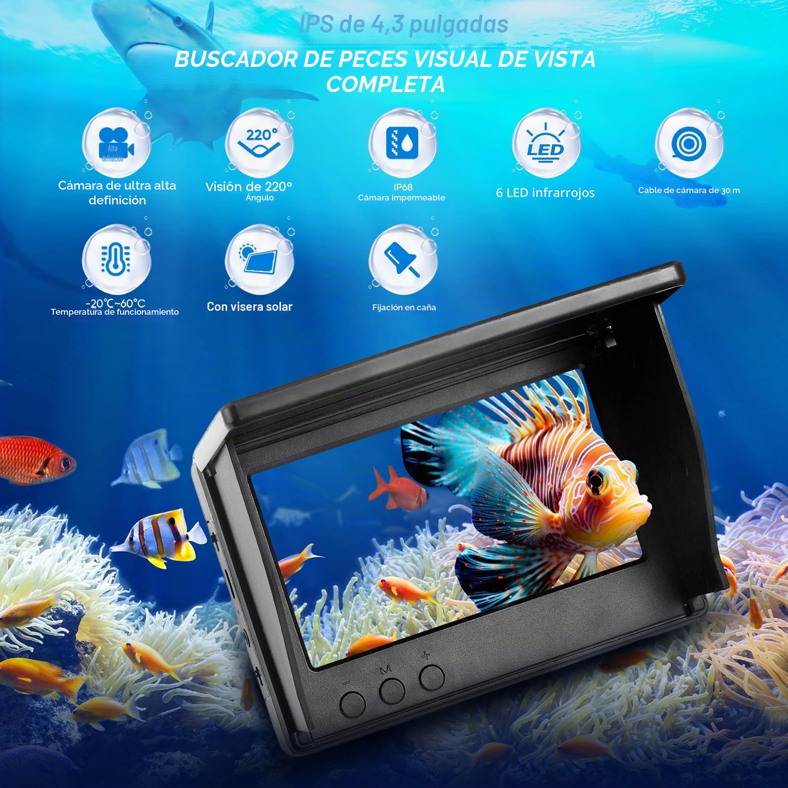 Sonda de Pesca Portátil, Cámara Subacuática de Pesca con Pantalla IPS 4,3" y Cable 30m, Visión Nocturna Infrarroja Gran Angular, IP67 Impermeable, para Pesca en Mar, Lago, Río y Hielo