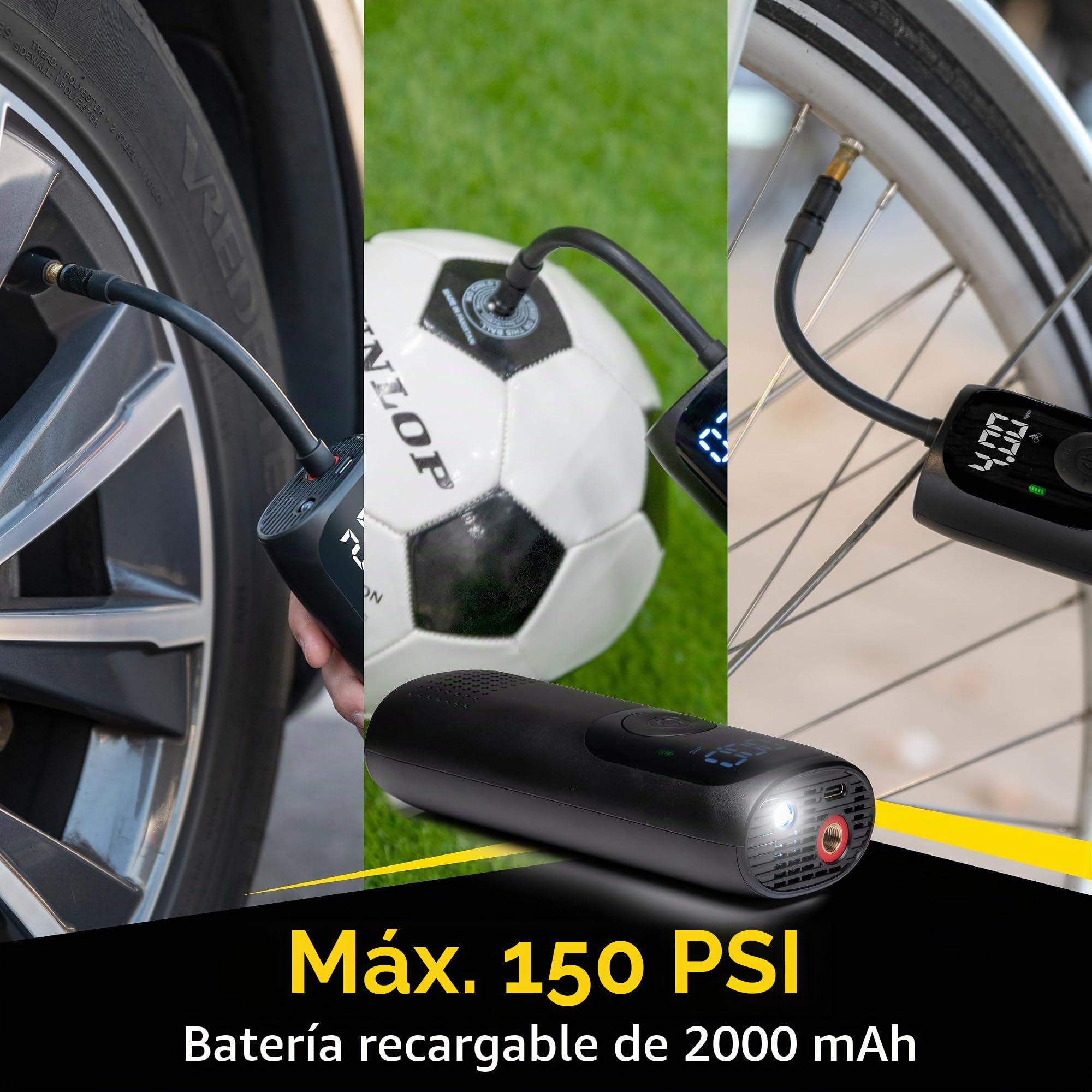 Dunlop Mini Compresor de Batería Bomba de Aire Eléctrica 150PSI - Universal y USB C - Pantalla Digital - Luz LED - Negro