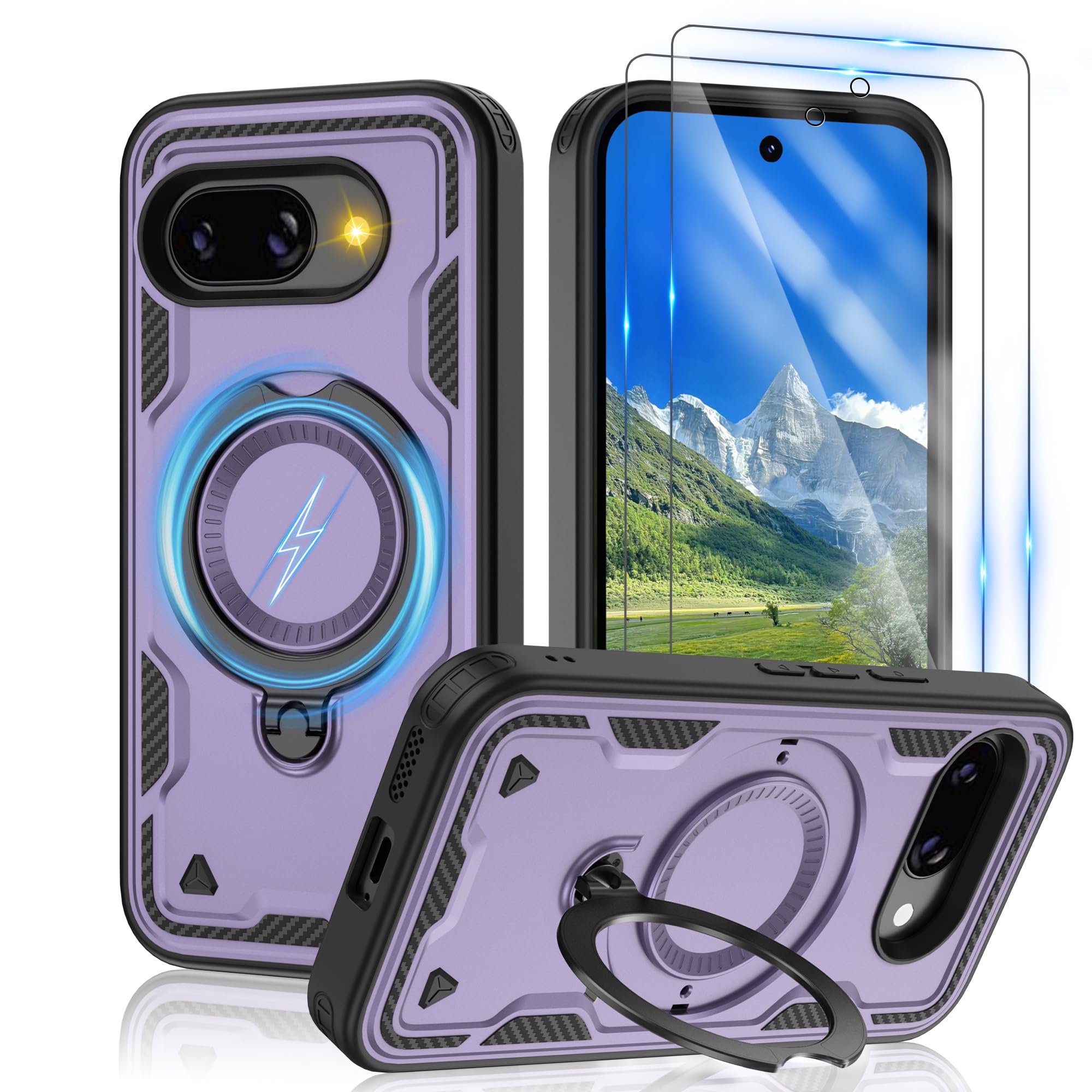 Gritup fro Google Pixel 9A Case | Military-Grade Magnetic Protective Cover Compatible with Mag-Safe, 2-Pack HD Screen Protectors, Rotating Kickstand &