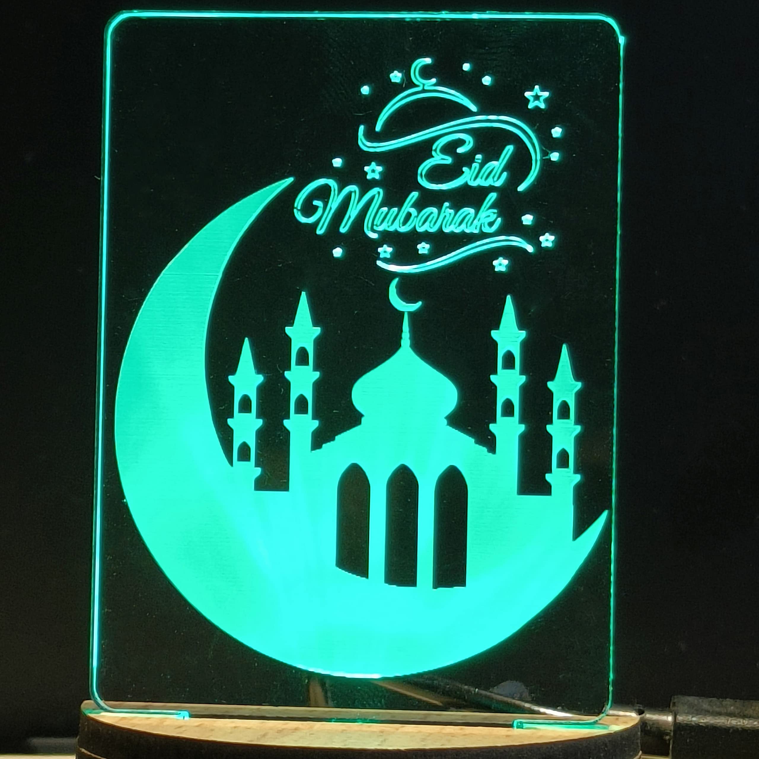 Red Robin USB0145B-EID MUBARAK 3D Optical Illusion Acrylic USB Powered Wooden Base Night Lamp, Multicolour LED Plug n Play, Office Light, Car Dashboard Light, Best for Gift - Pack of 1 (USB0145B, 7CM)