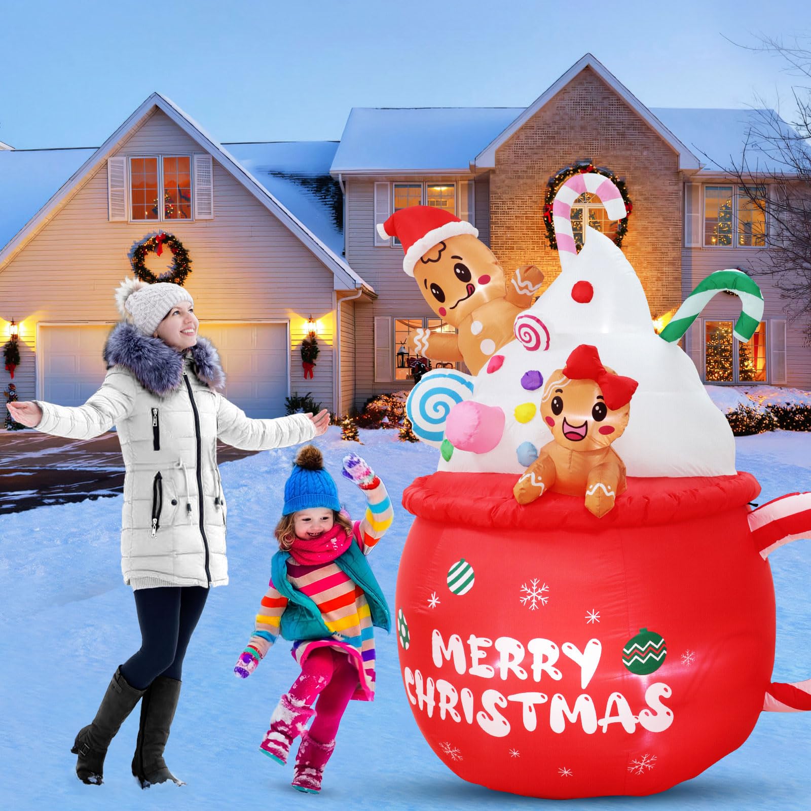Gonfiabili di Natale Decorazioni Esterne 6ft Pan di Zenzero Gonfiabili Gonfiabili Pan di Zenzero per Vaso di Natale Caldo Cacao Candy Cane Decorazione Cortile
