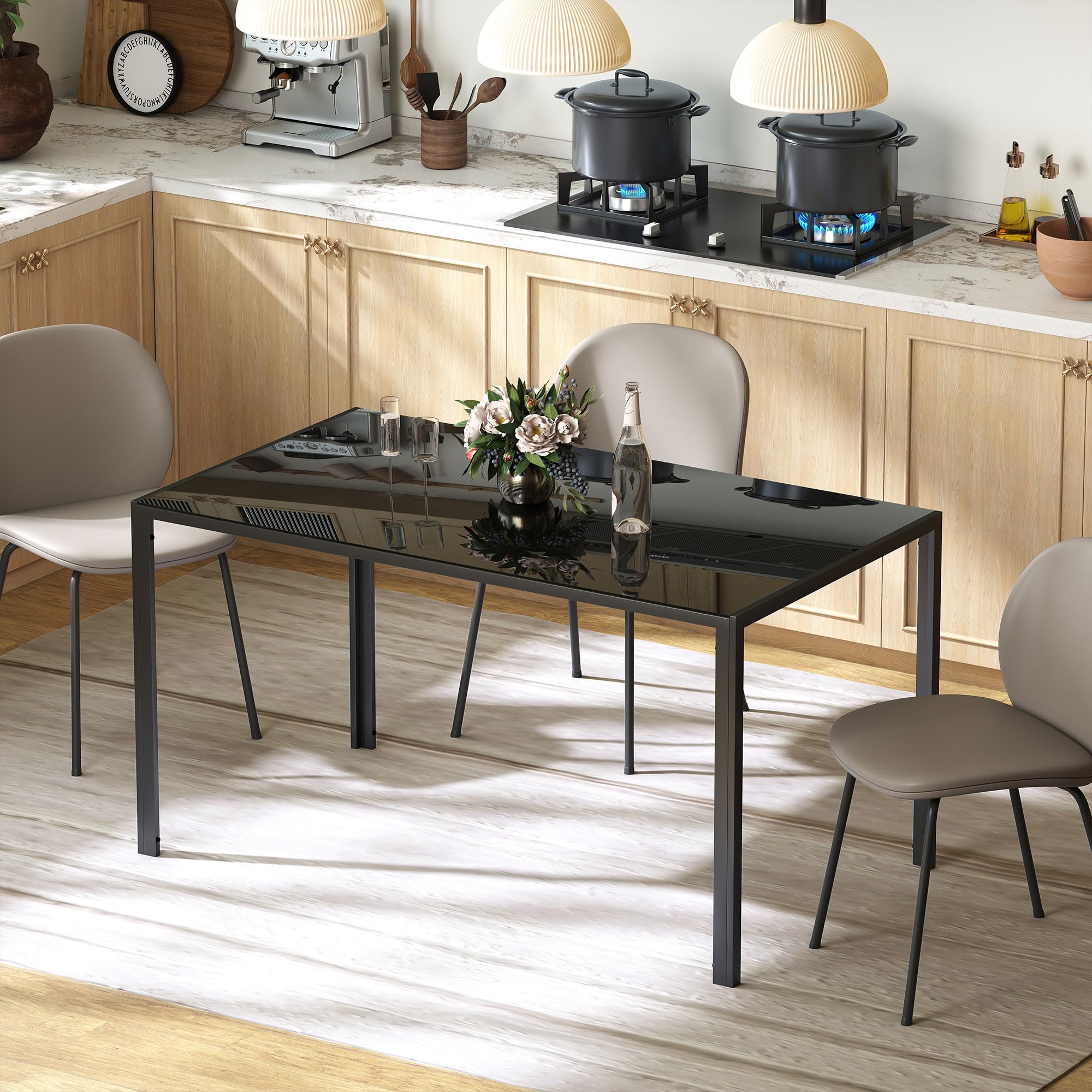 HOMCOM Tavolo da pranzo in vetro, tavolo rettangolare per 6 persone con gambe in metallo, per cucina, soggiorno, 140 x 80 x 75 cm, nero