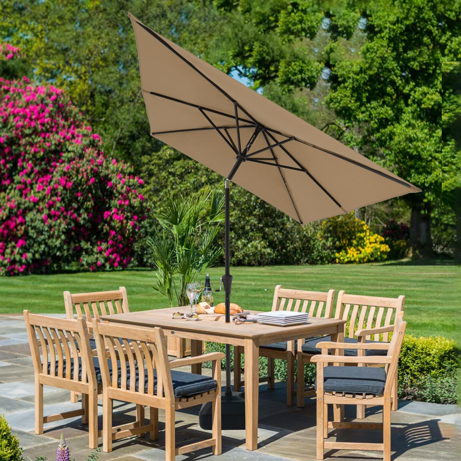 COBANA 6.5 x 10 ft Rectangular Patio Umbrella with Base, Outdoor Table Market Tilt Umbrella with Stand, Beige