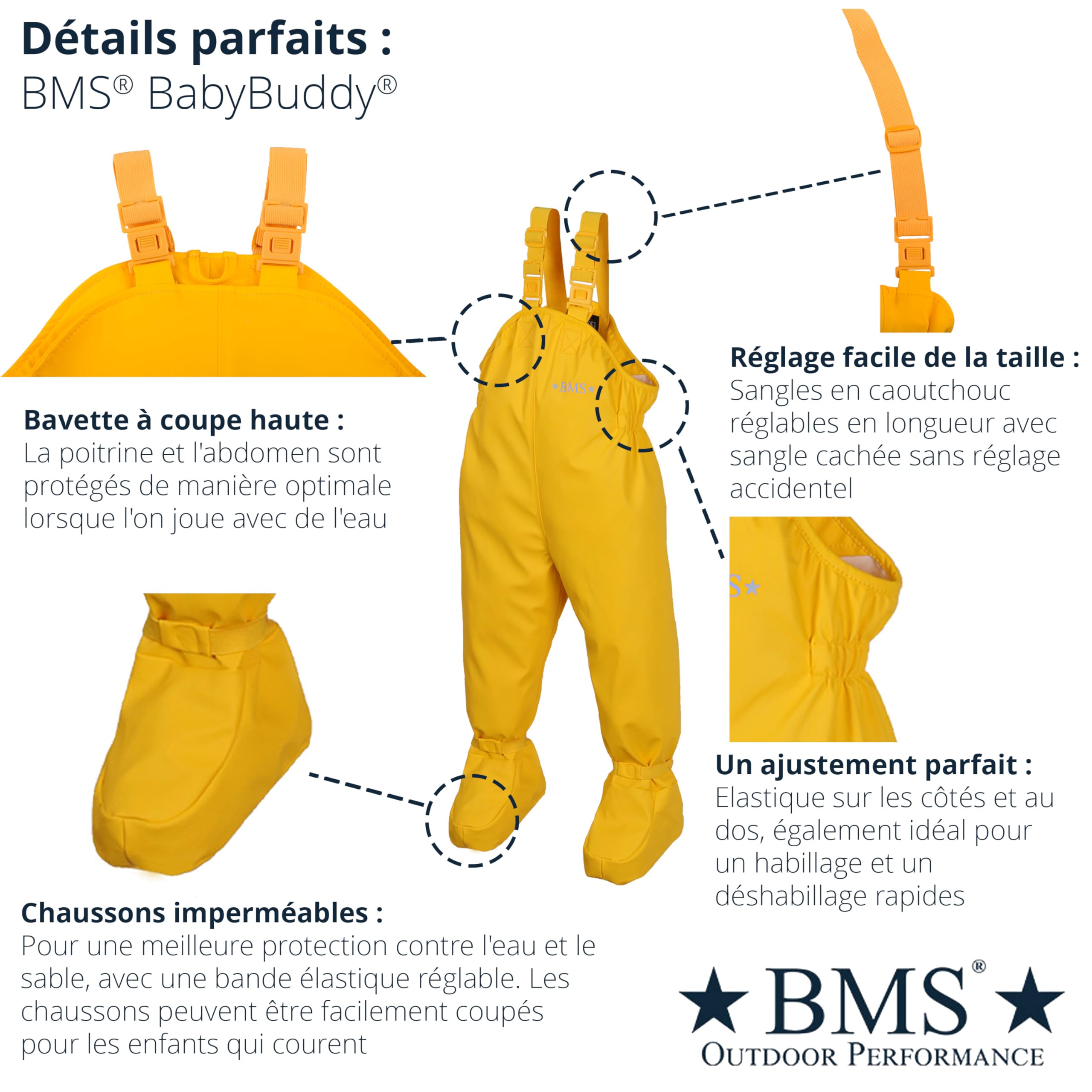 BMS Pantalon de Pluie à bavette BabyBuddy® avec Chaussons intégrés pour bébés et Jeunes Enfants à Quatre Pattes, 100% imperméable, certifié Oeko-Tex