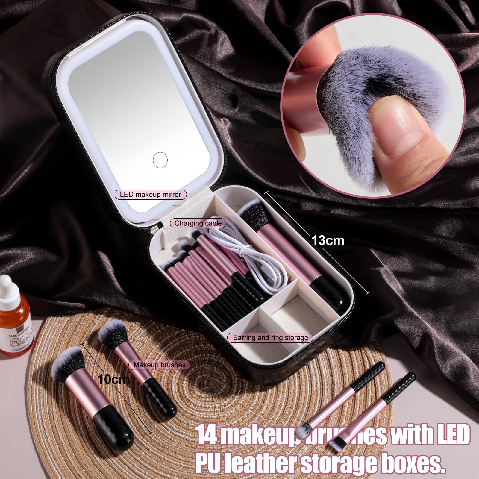 BS-MALL Juego de 14 brochas de maquillaje con espejo de luz LED, herramientas cosméticas de primera calidad para rutinas de belleza impecables (negro)