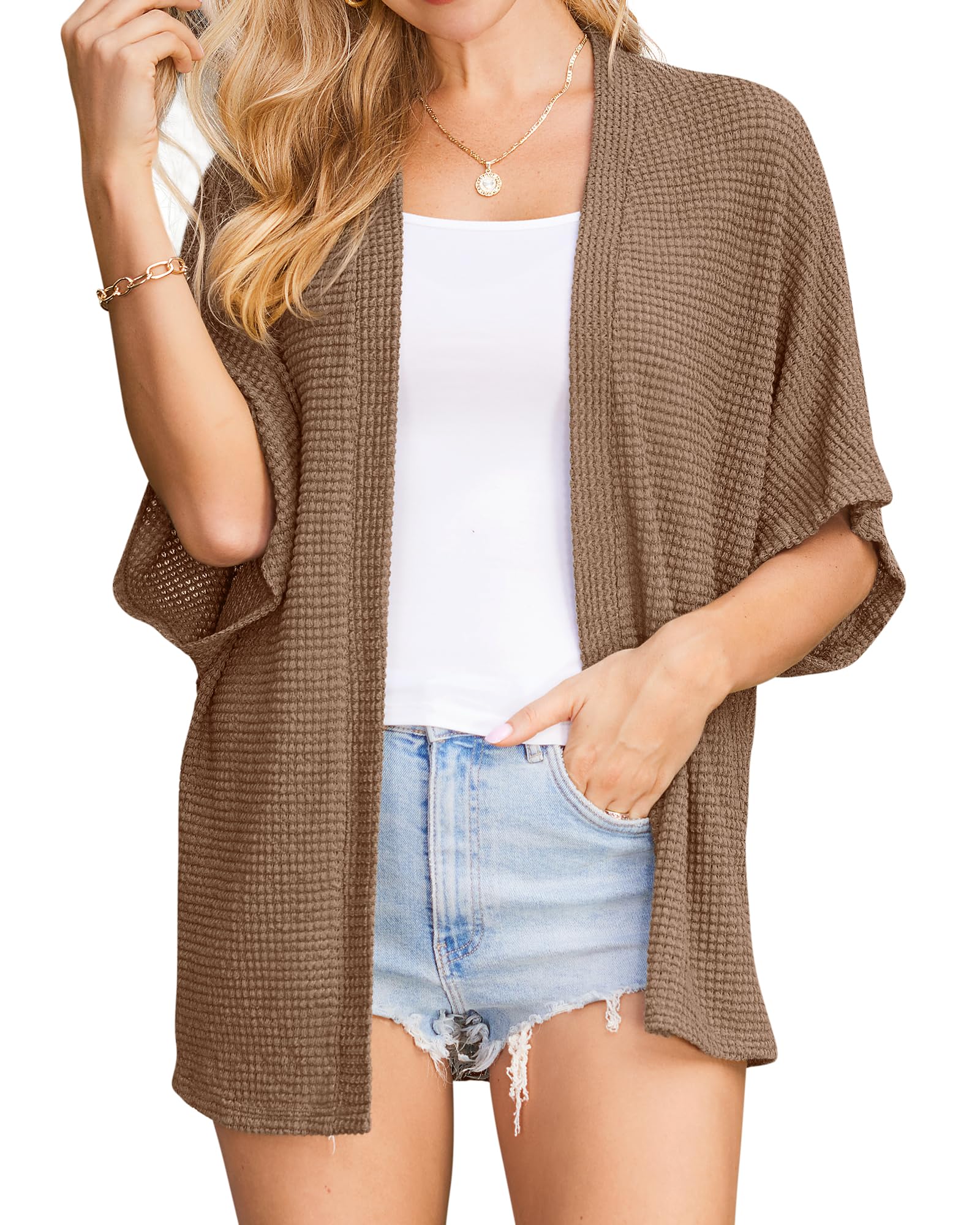 STYLEWORD Cardigan Chaqueta Ligera de Manga Corta para el Verano Chaqueta de Playa Kimono Abrigo de Punto Casual