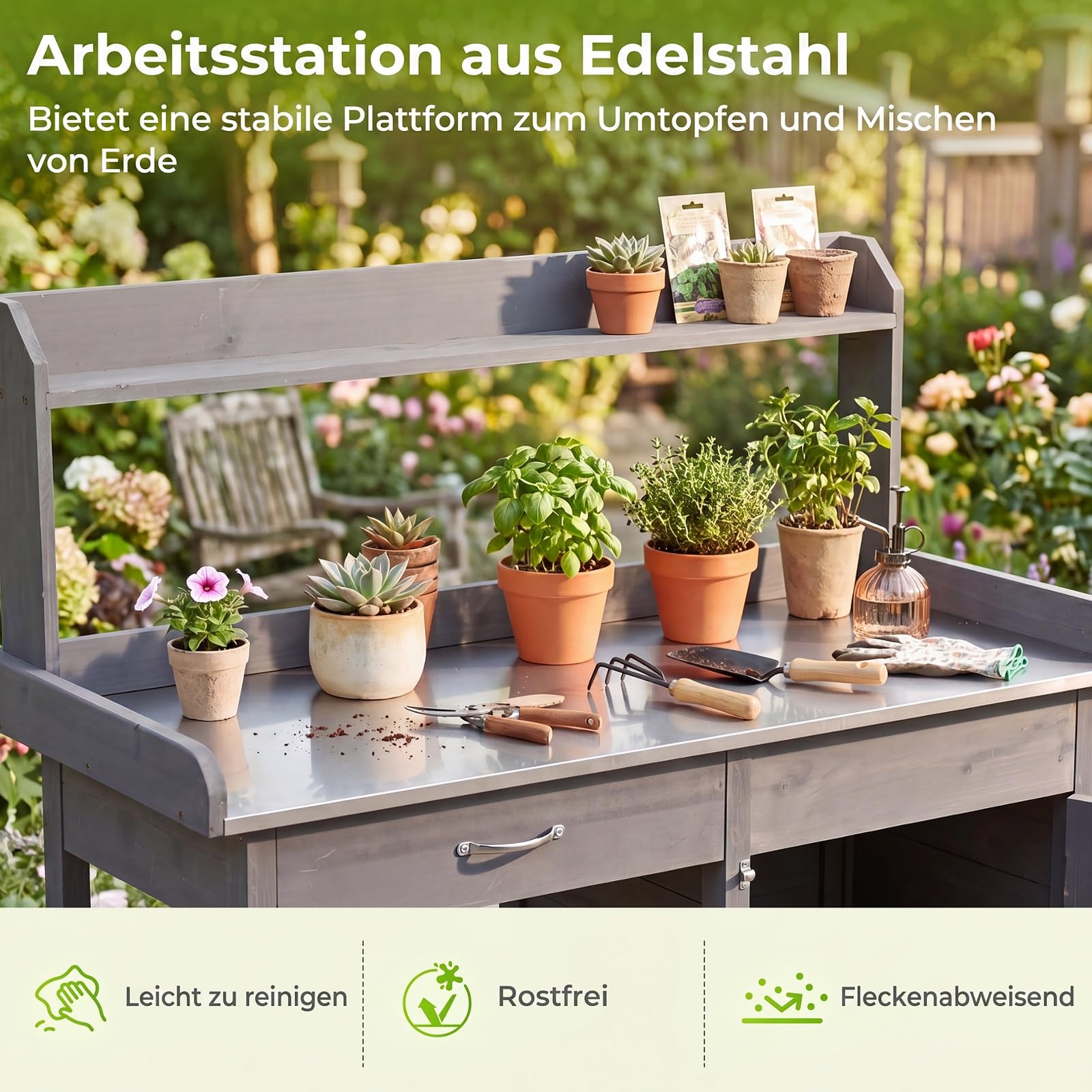 COSTWAY Pflanztisch mit Schubladen & Unterschrank, Gärtnertisch Outdoor