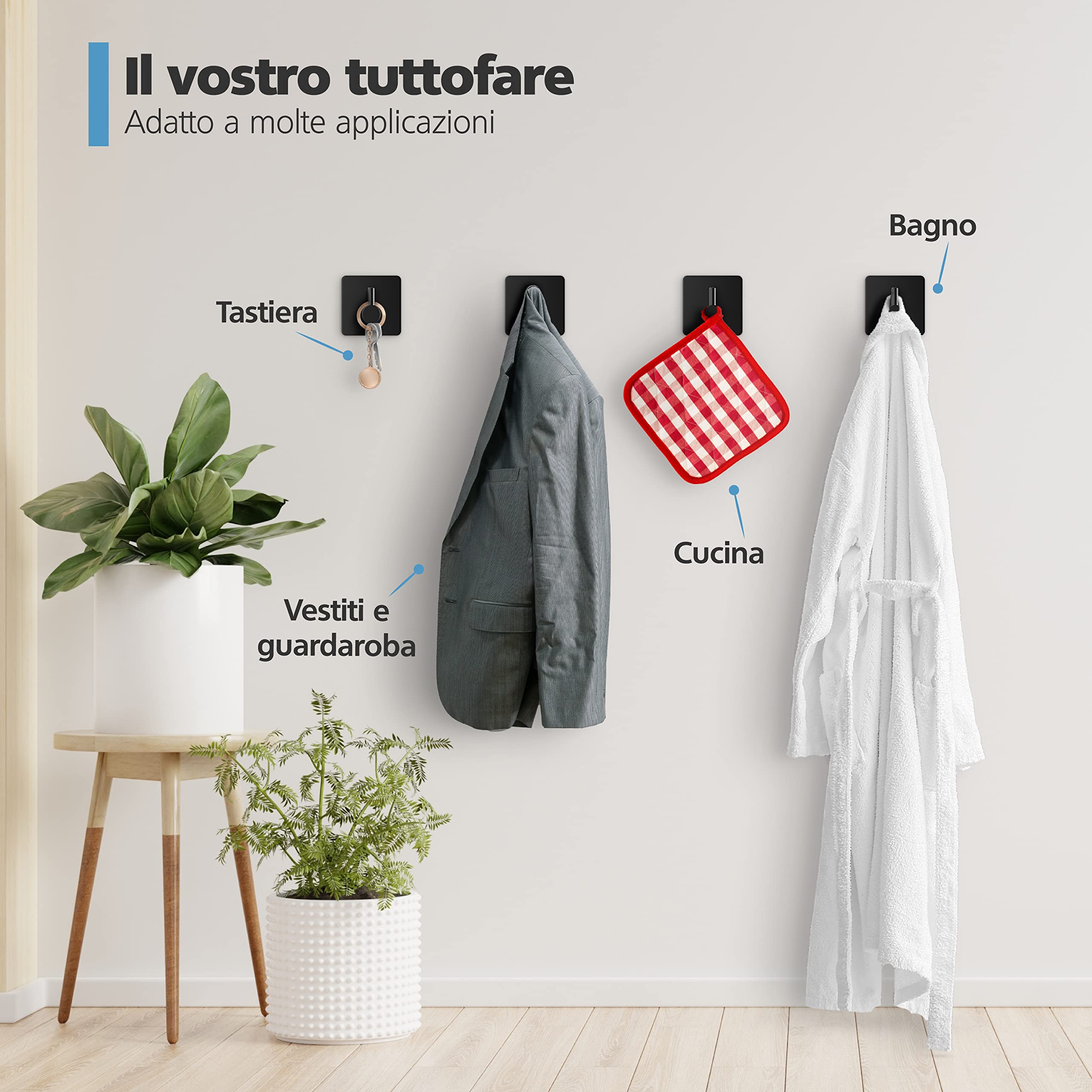 Ganci da parete auto-adesivi senza forare set di 4 in nero - Ganci adesivi idrorepellenti in acciaio inox - Fino a 8 kg - Ganci per asciugamani o accappatoi - Per bagno e cucina, ecc.