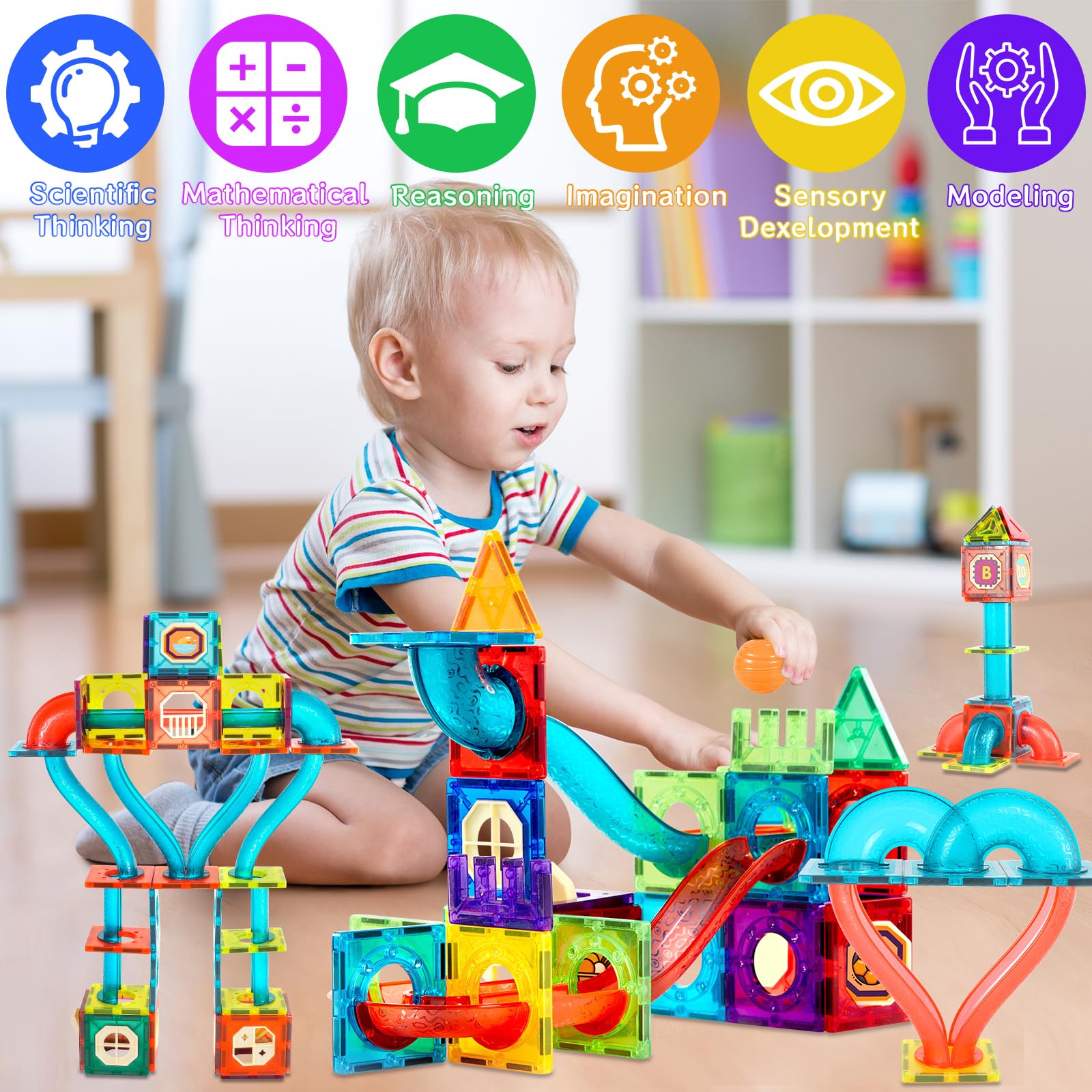 JUQG 74 Pcs Bloques de Construcción Magnéticos, Juego Construcción en 3D con Tuberías, Juguetes de Bloques de Construcción Educativos, Juguetes de Construcción para Niños para Niños Niñas 3+ (74Pcs) — view 3