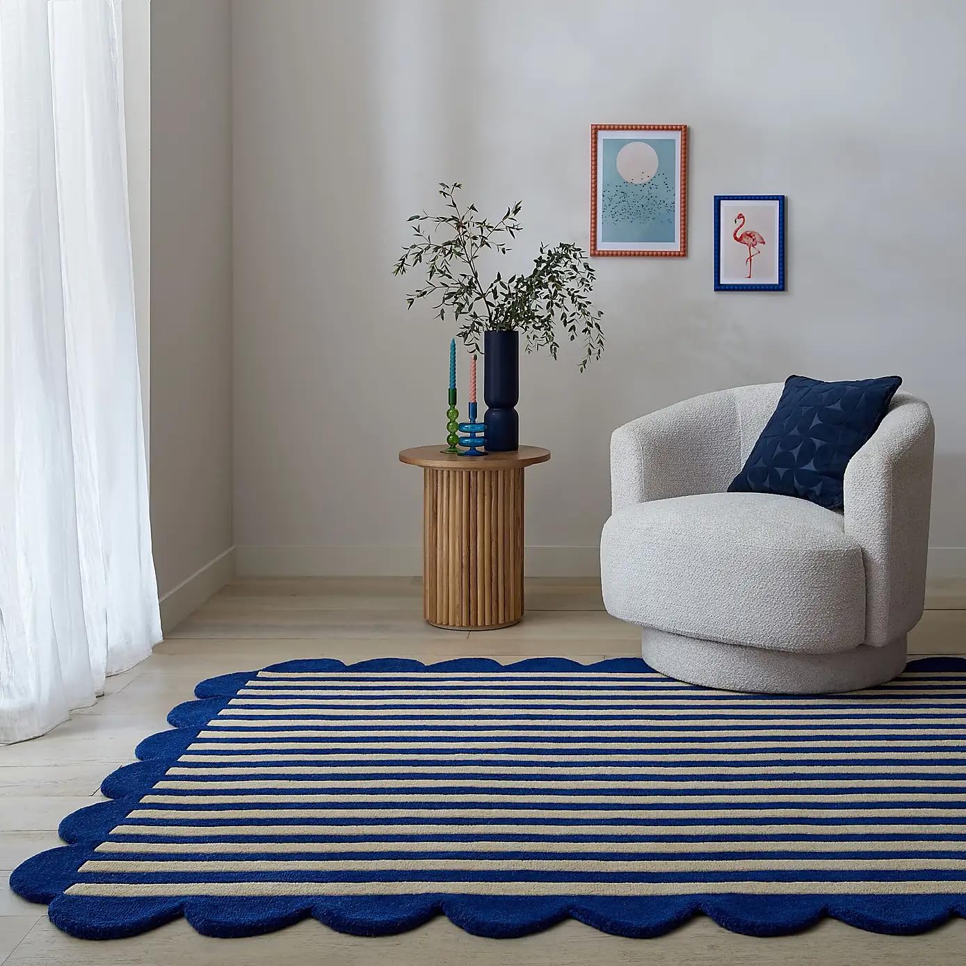 Anthrofy Milo Scallop Area Rug – 5’ x 8' – Handmade Wool Area Rugs – Blue – Rugs for Living Room, Bedroom – Anti-Skid – Carpets with Non-Slip Natural