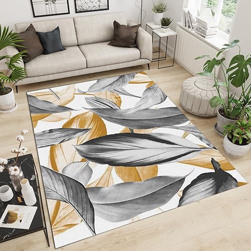 Miniatura 4 de Alfombra de área de hojas de plumas grises y doradas, nórdica, moderna, simple, de alta calidad, antideslizante, lavable a máquina, fácil cuidado,