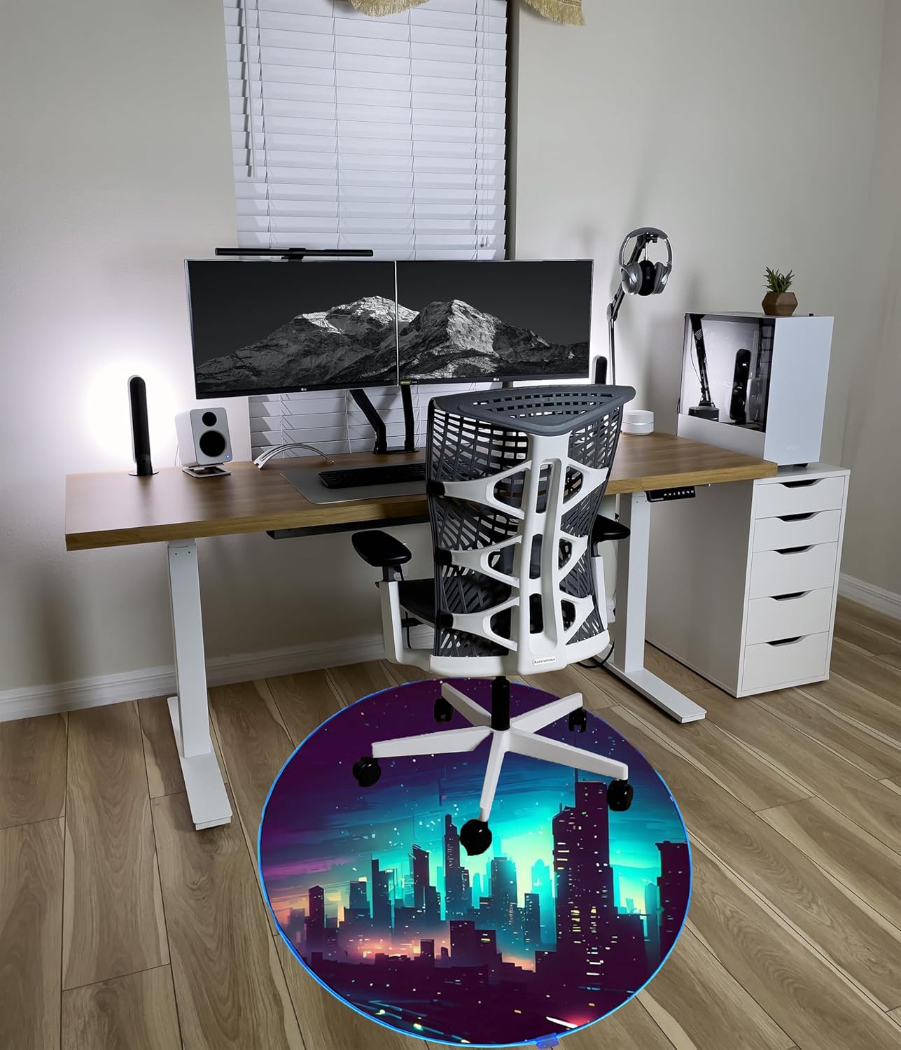 Gaming Chair Mat for Hardwood Floor Circle RGB Gaming Lights (Skyline 47”) - Noise Cancelling, Anti-Slip Gamer Floor Mat – Scratch Resistant Computer Gaming Mat for Chair – Office Chair Mat