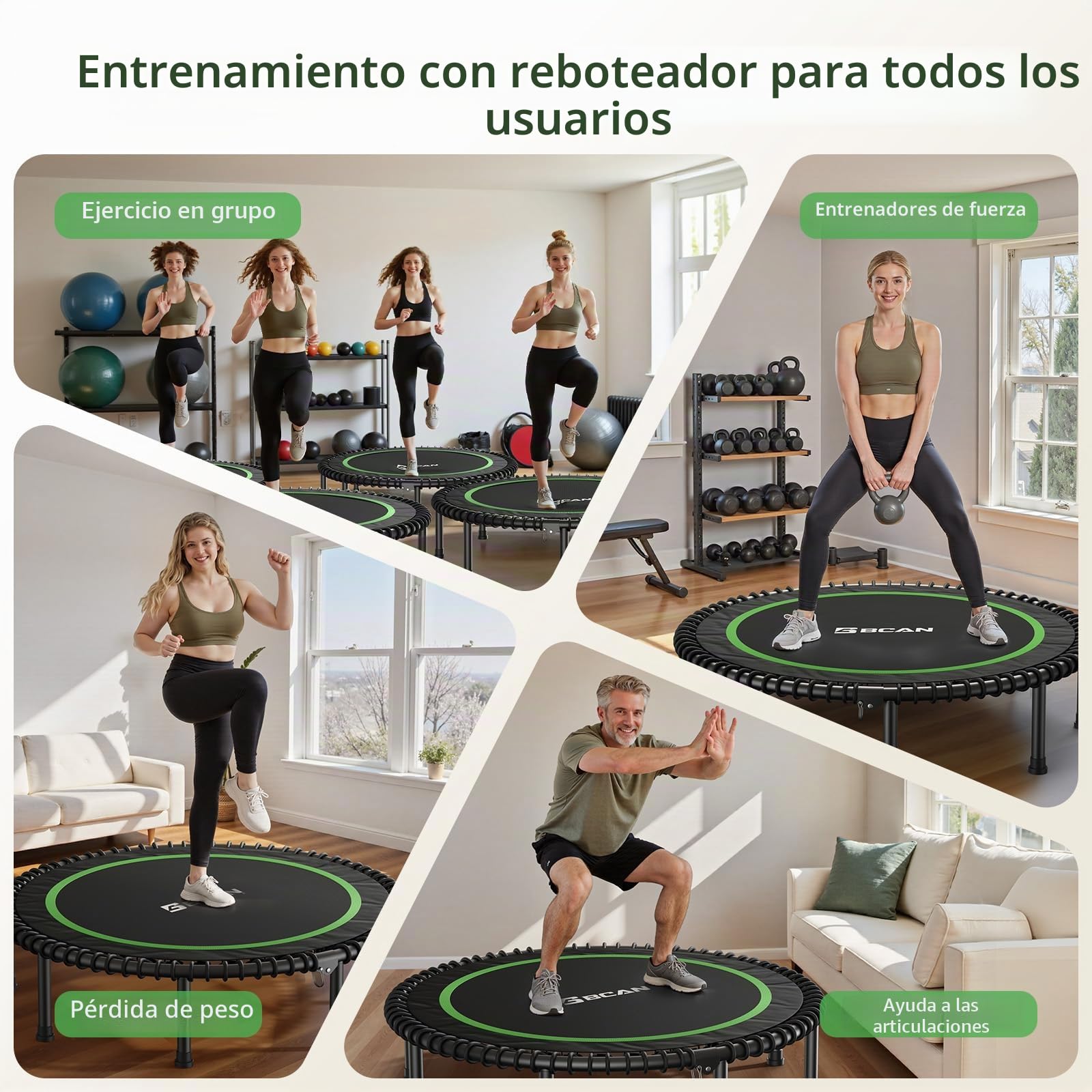 Cama elástica de Interior BCAN Fitness, Ø 102/122/130 cm de diámetro, Mini Cama elástica/de muelles, Apta para Adultos de hasta 204/250 kg, con Asas Ajustables, silenciosa y de Baja vibración.