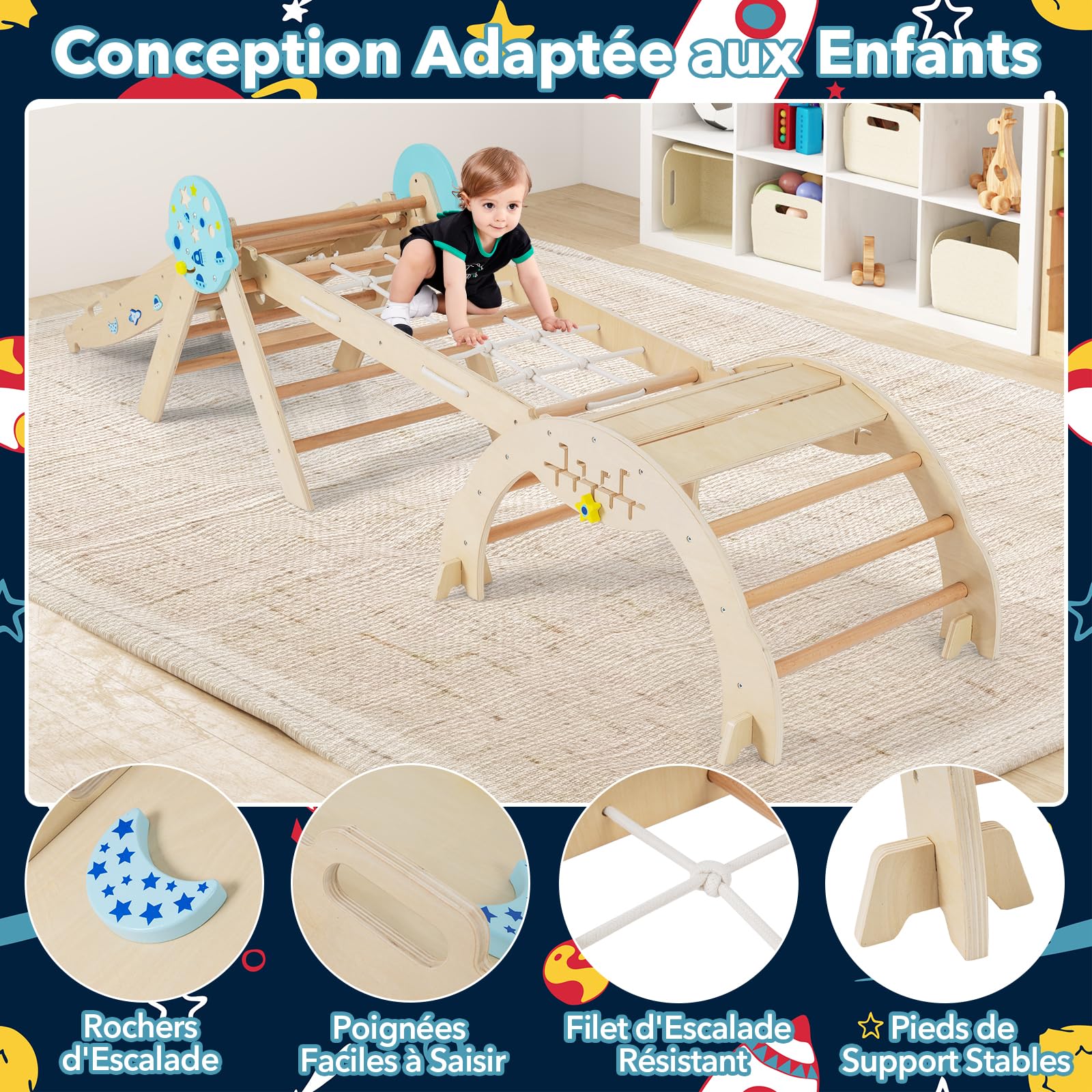 DREAMADE 9 en 1Triangle d'escalade Montessori en Bois Astronaute, Filet, Arche d’Escalade Pliable Éducative pour Enfants, Aire de Jeux Bébé pour Salon, Chambre, Maternelle (Naturel)