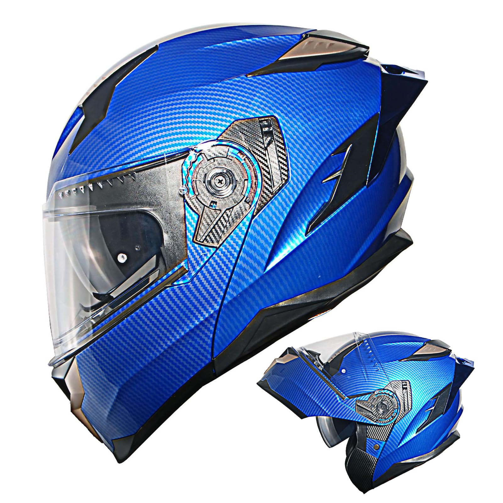 1Storm Motorcycle Modular Full Face Helmet DOT Adults Street Bike Flip up Dual Visor Sun Inner Shield Anti Fog Pinlock Shield: Carbon Fiber Blue
