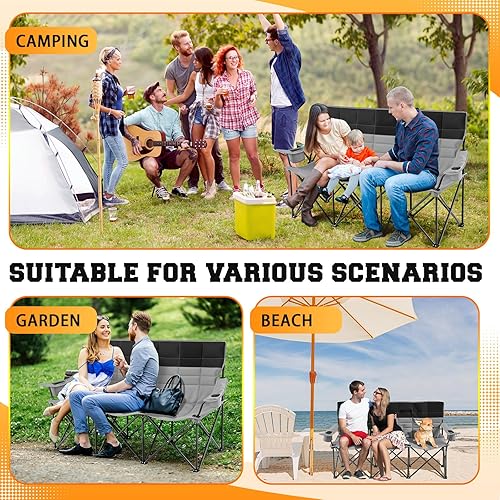 Miniatura 7 de Silla de camping doble de gran tamaño, sofá plegable totalmente acolchado, silla de campamento con capacidad para 3 personas, banco resistente extra