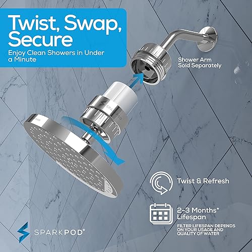 Miniatura 7 de SparkPod Juego de cabezal de ducha filtrado de lujo de 23 etapas, reduce el cloro y los metales pesados, filtro de regadera de alta presión (redondo