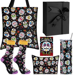 6 Pcs Sugar Skull Gift Set for Women, Day of The Dead Theme | Tumbler Tote Bag Makeup Pouch Socks Greeting Card Box, Gothic Mexican Dia De Los Muertos Party Favors, Halloween Christmas