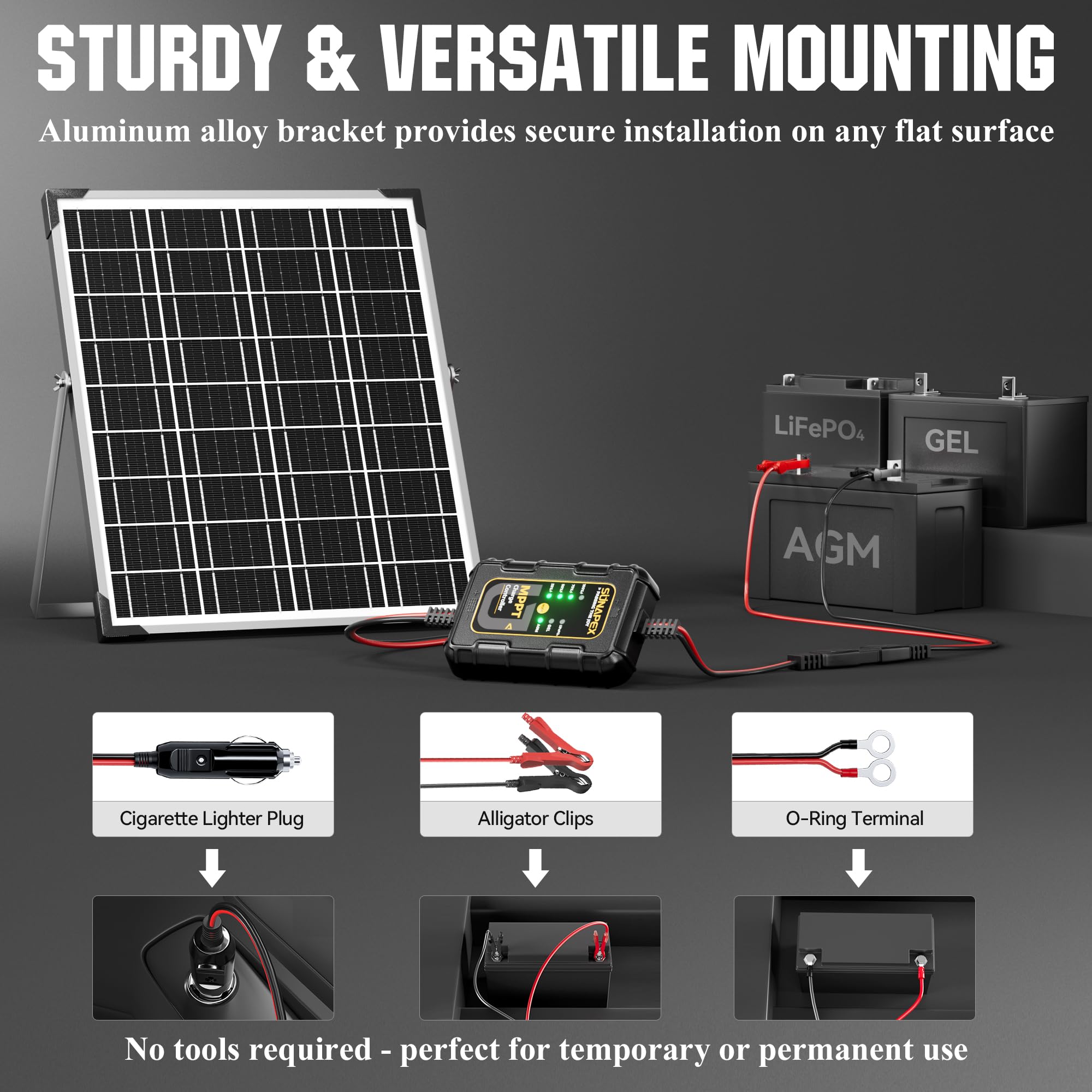 SUNAPEX Caricabatteria solare da 12 V: kit pannello solare impermeabile da 25 W, caricabatterie in alluminio per batteria auto con controller MPPT, batteria per moto, barca, camper, rimorchio