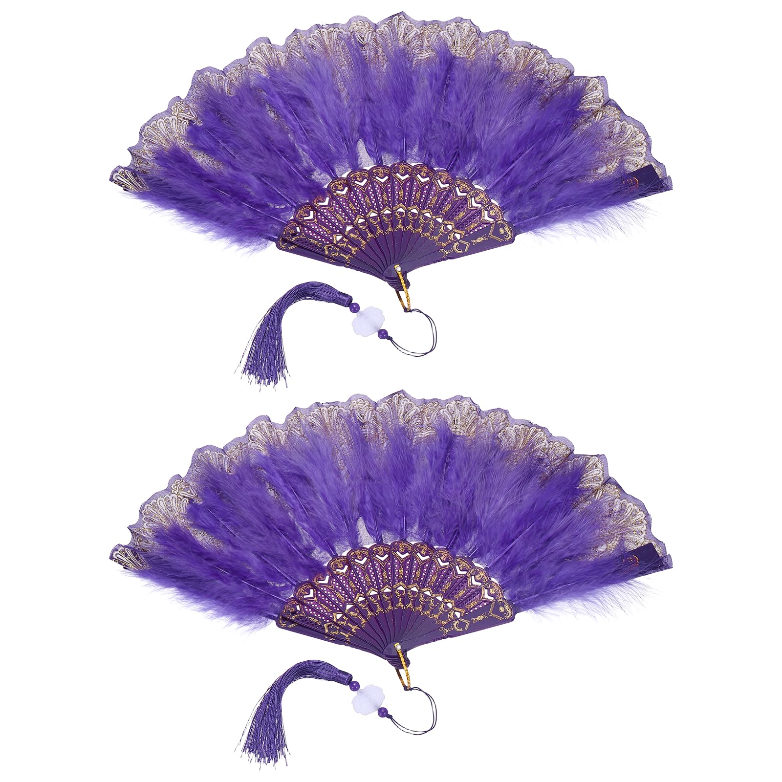 sourcing map 2 Pcs Vintage Folding Fan, Embroidered Flower Marabou Feather Fans 20s Vintage Style Handheld Folding Fan for Dancing Wedding Show Party Tea Party Occasions, Purple(Polyester)