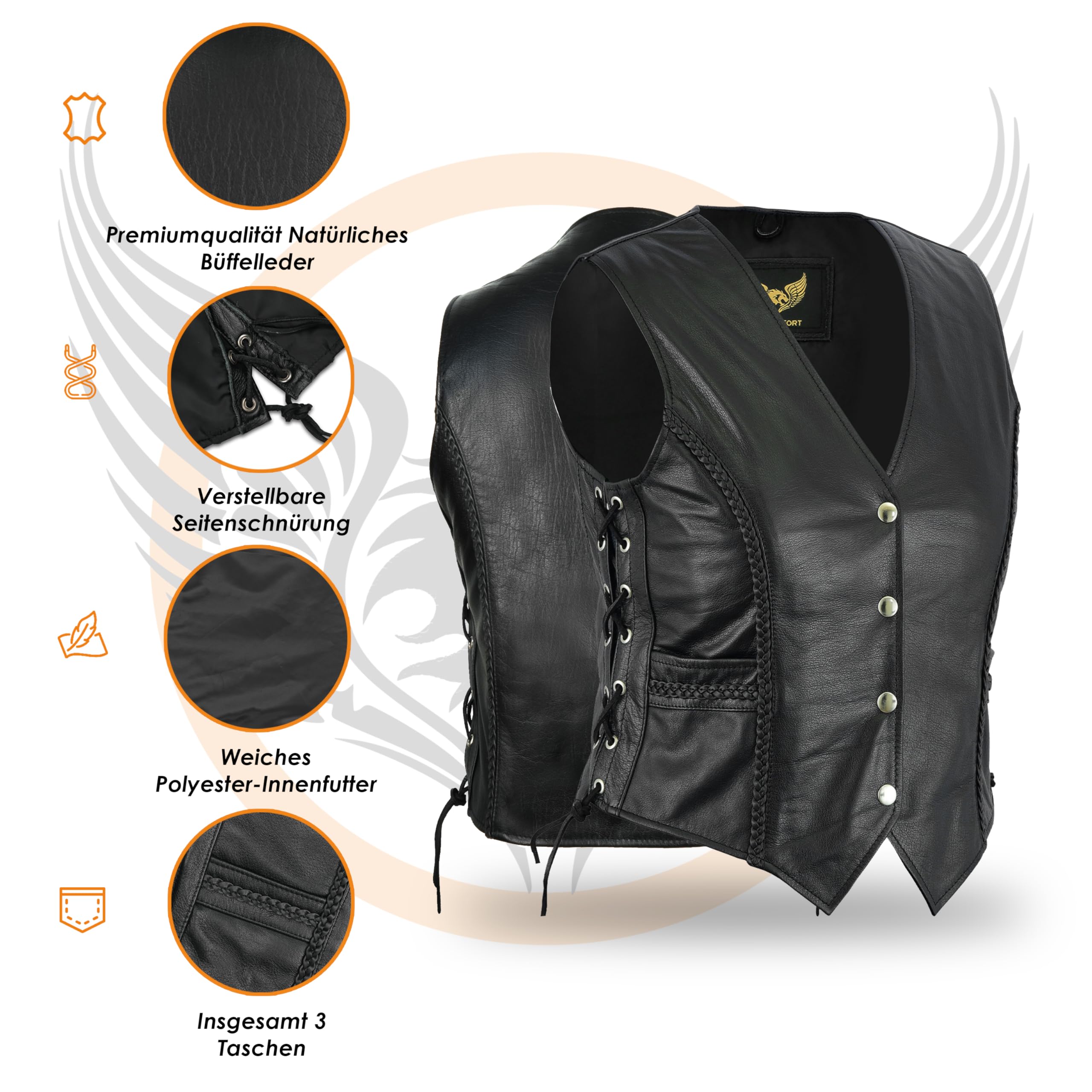Leatherick Damen Braided motorradfahrer stil Leder weste schwarz