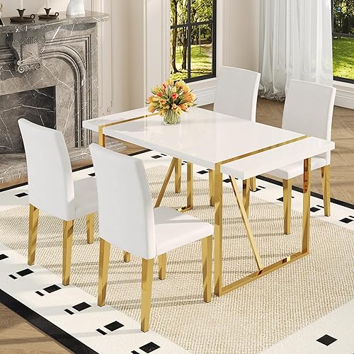 Juego de mesa de comedor blanca de 55 pulgadas para 4, juego de mesa de comedor moderno para 4, mesa blanca brillante con sillas de piel sintética