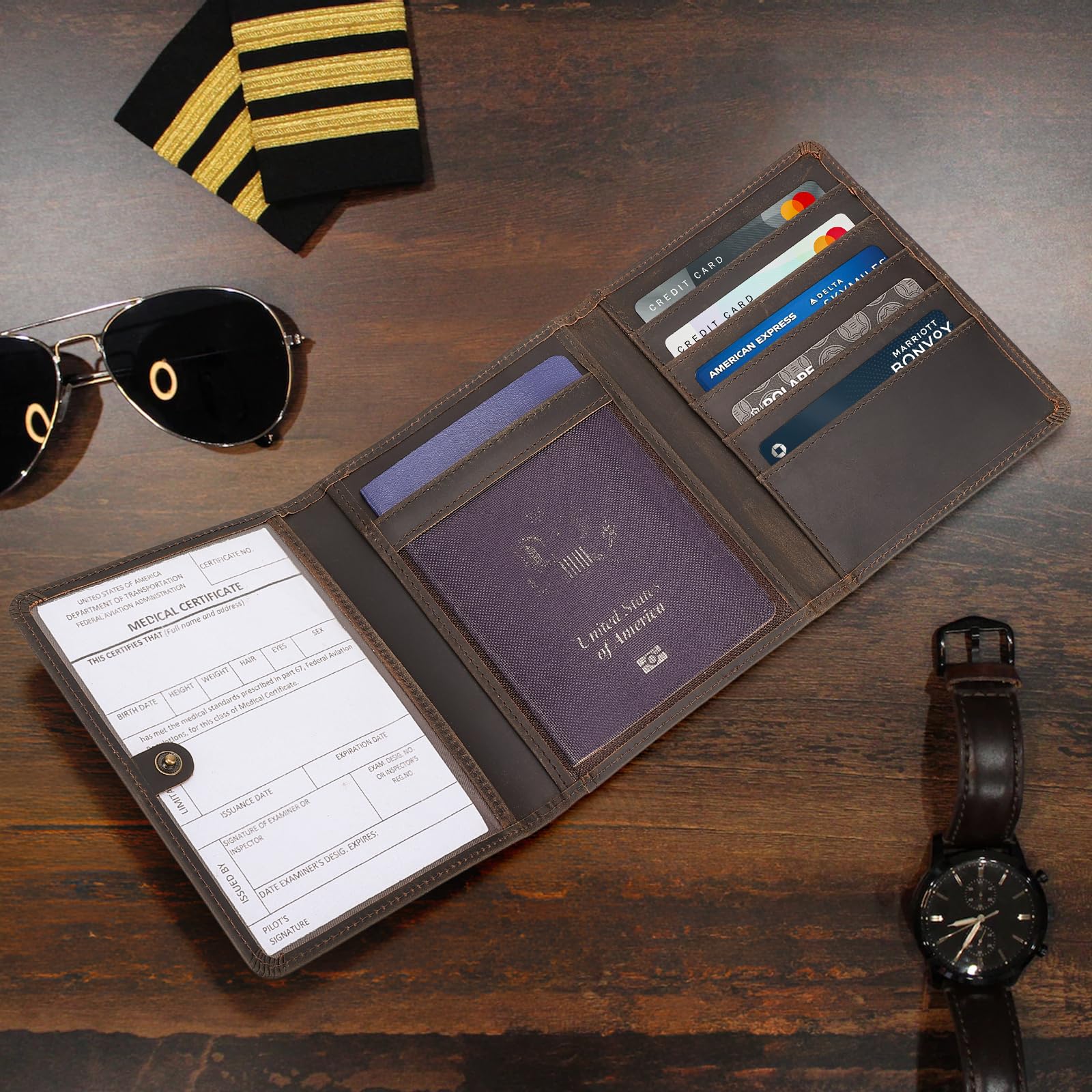 Polare - Cartera de cuero de grano completo para pasaporte, con bloqueo RFID, cartera triple para hombres, organizador de documentos para profesionales de la aviación, Marrón oscuro, Billetera triple